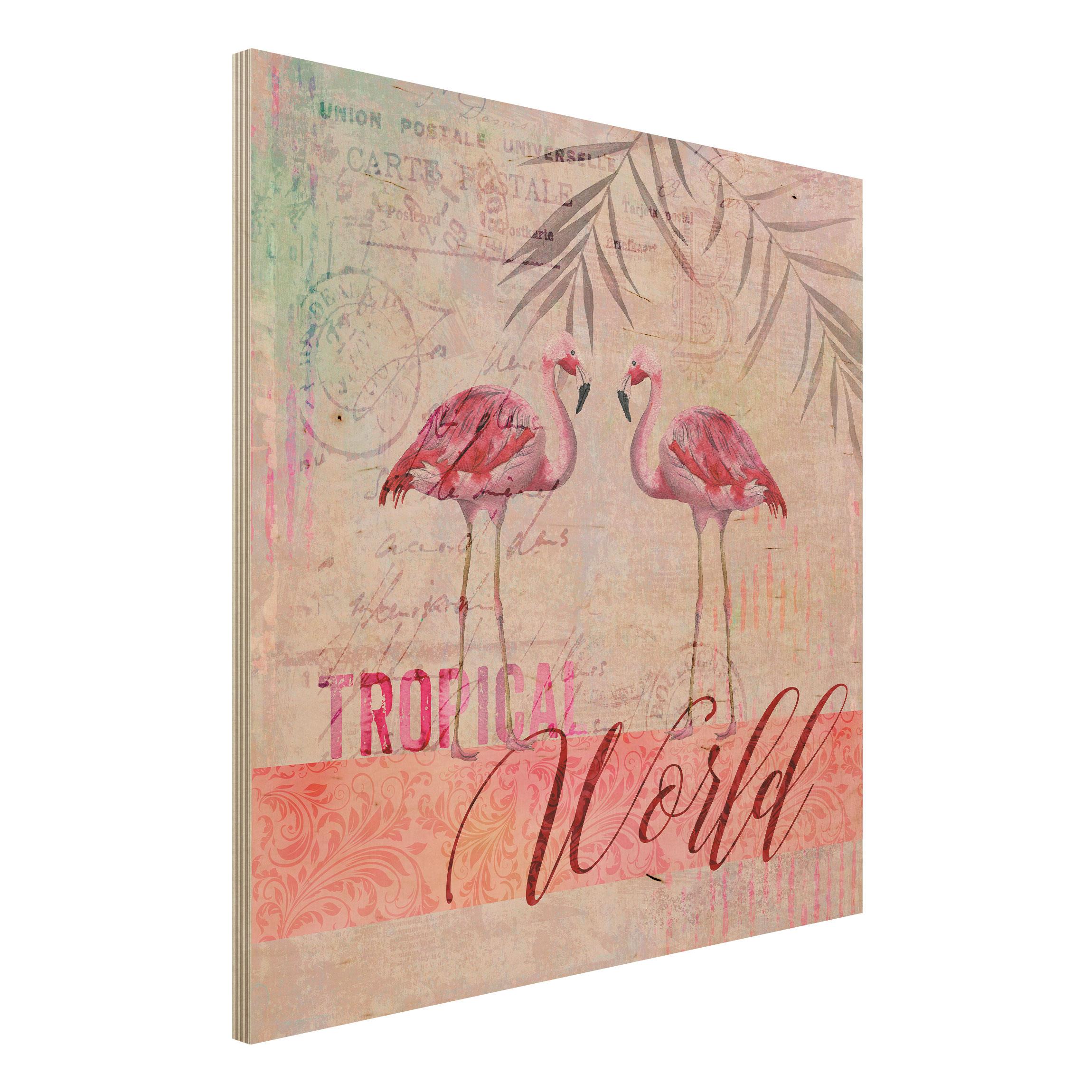 Holzbild Vintage Collage - Tropical World Flamingos