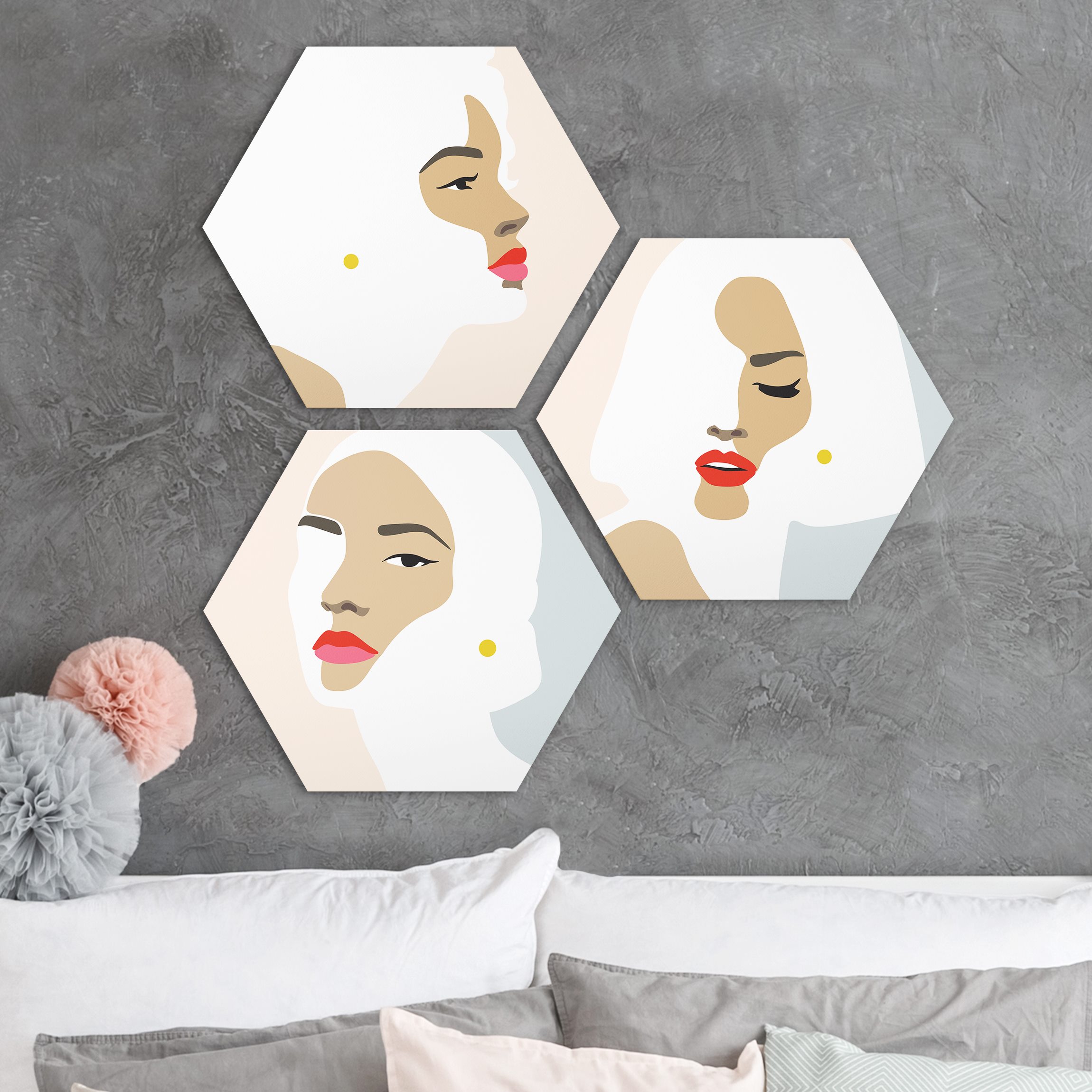 3-teiliges Hexagon-Alu-Dibond Bild Line Art Portrait Frauen Pastell Set