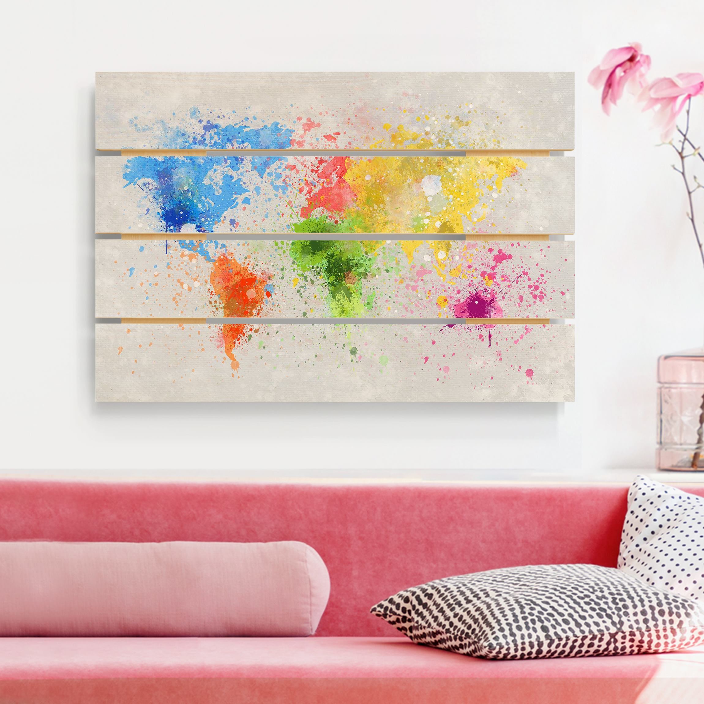 Holzbild Plankenoptik Bunte Farbspritzer Weltkarte