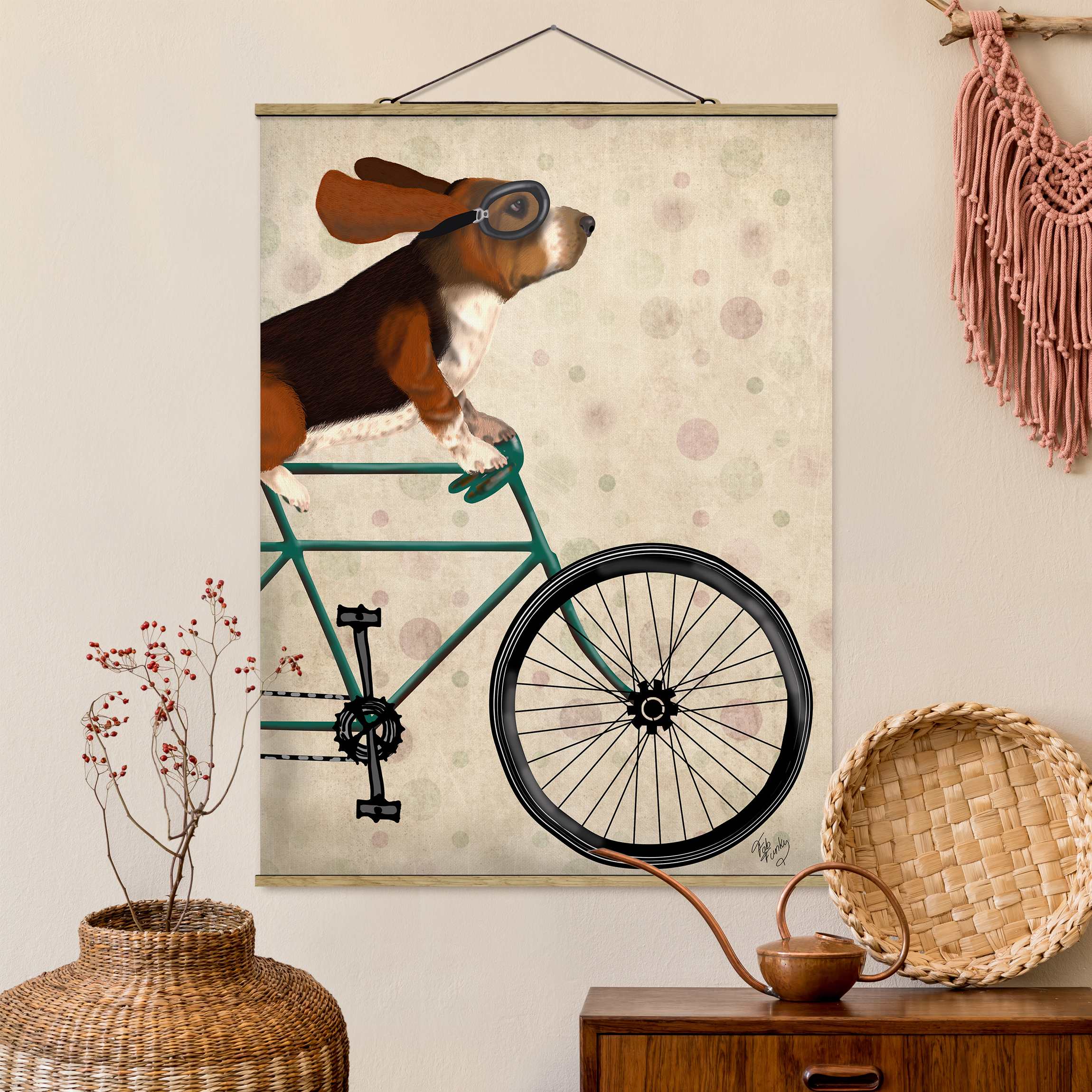 Stoffbild mit Posterleisten Radtour - Basset auf Fahrrad