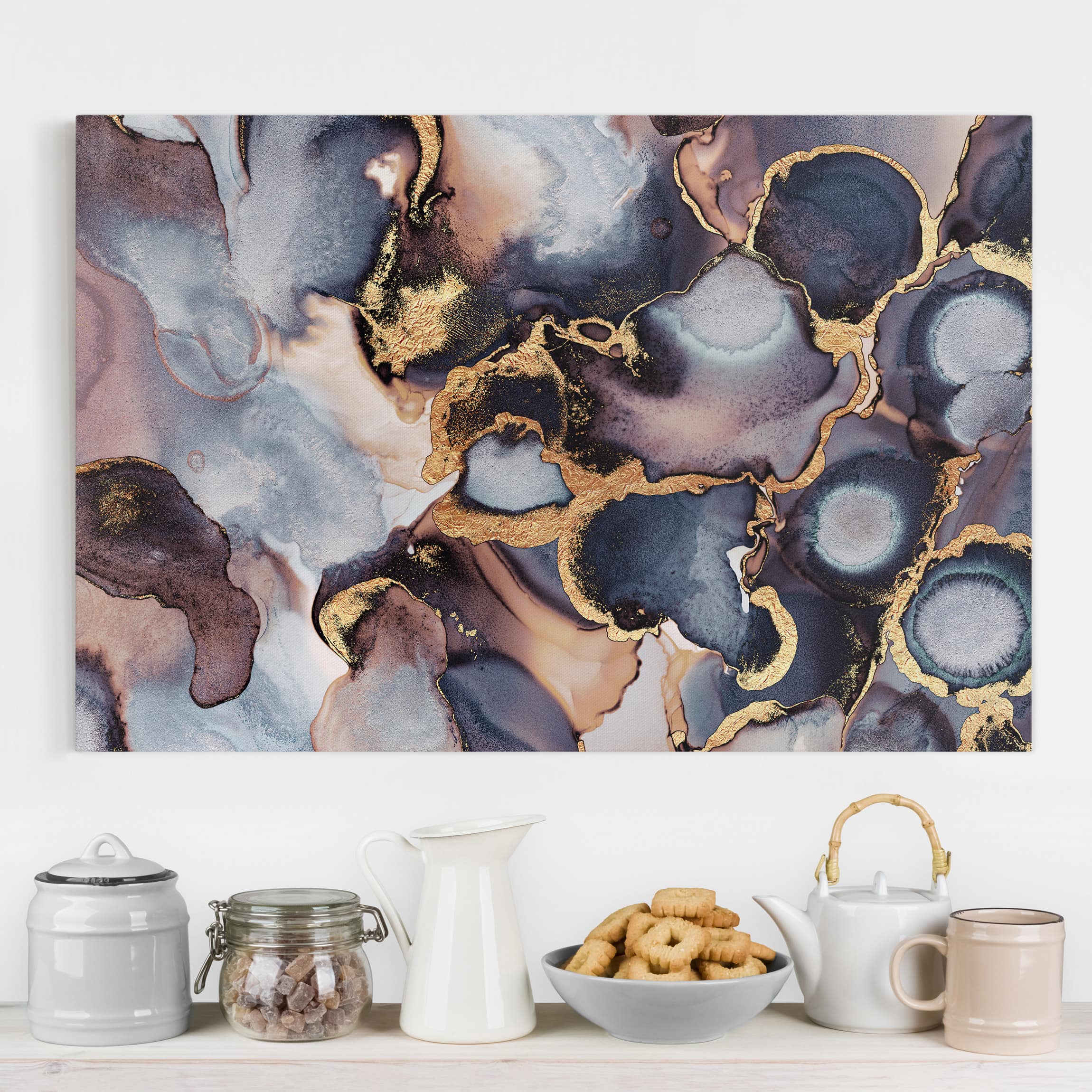 Leinwandbild - Querformat Marmor Aquarell mit Gold