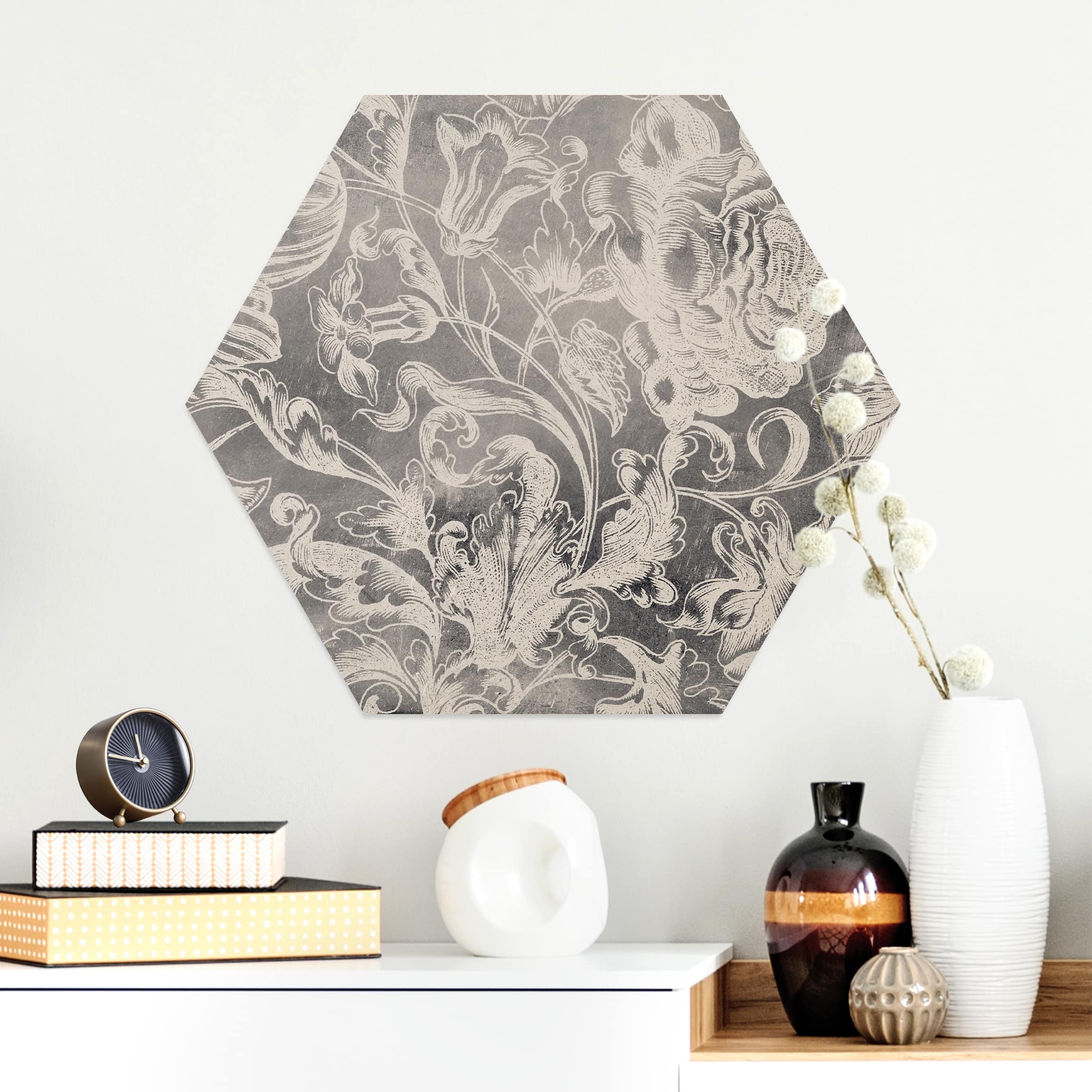 Hexagon-Alu-Dibond Bild Verblühtes Blumenornament I