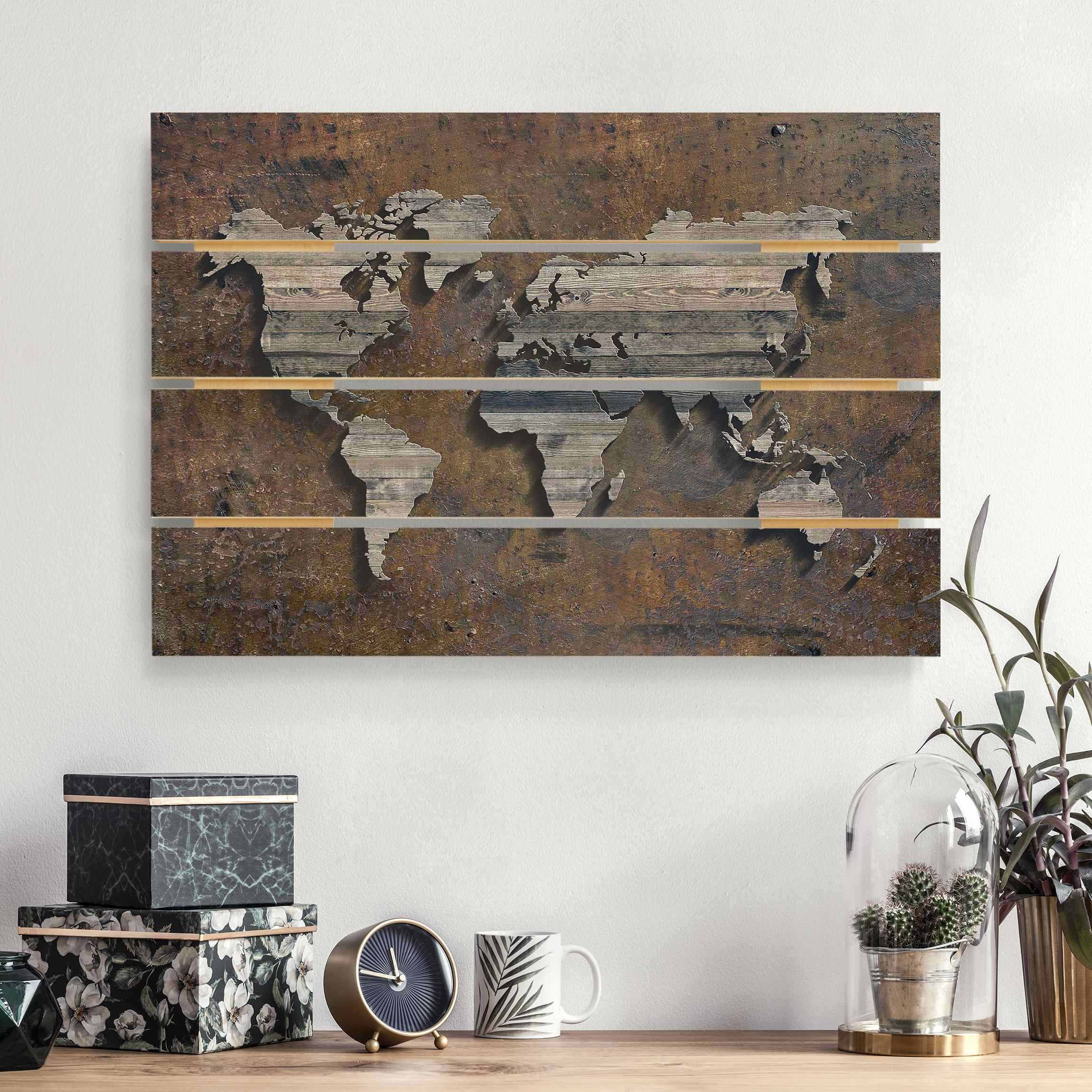 Holzbild Plankenoptik - Querformat Holz Rost Weltkarte