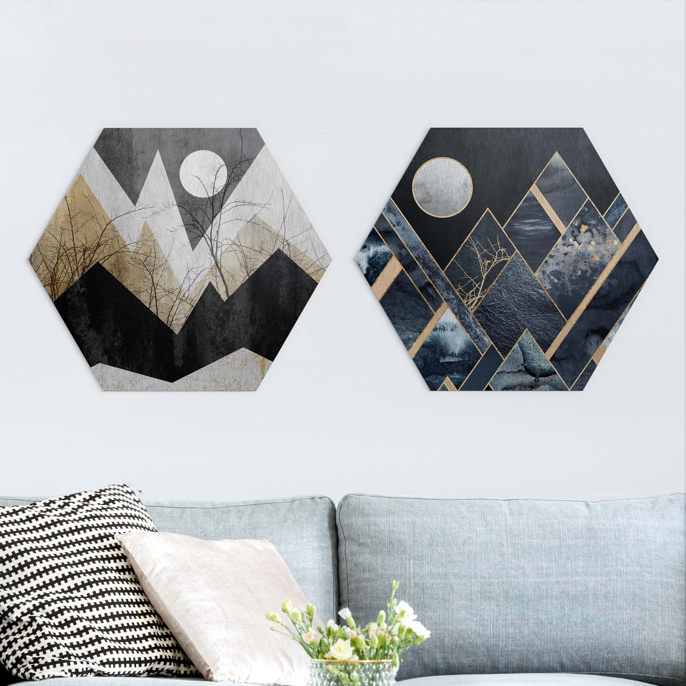 2-teiliges Hexagon-Alu-Dibond Bild Goldener Mond und geometrische Berge