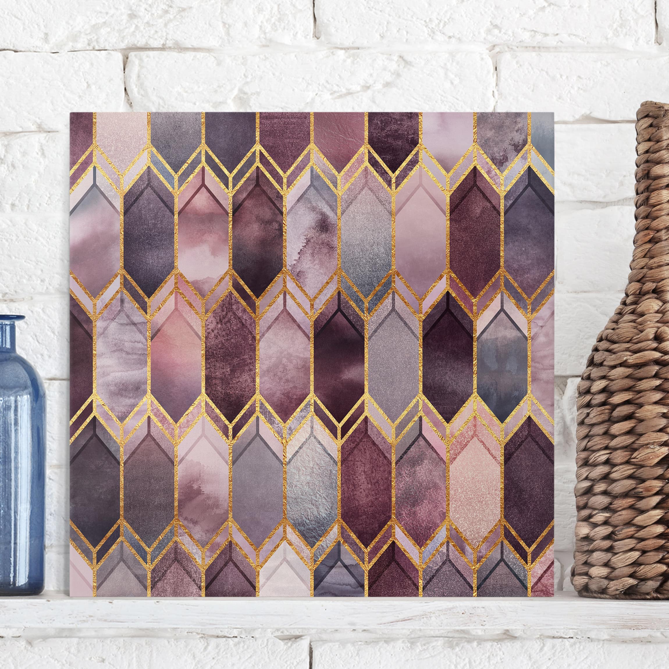 Leinwandbild - Quadrat Glasmalerei geometrisch Rosé Gold