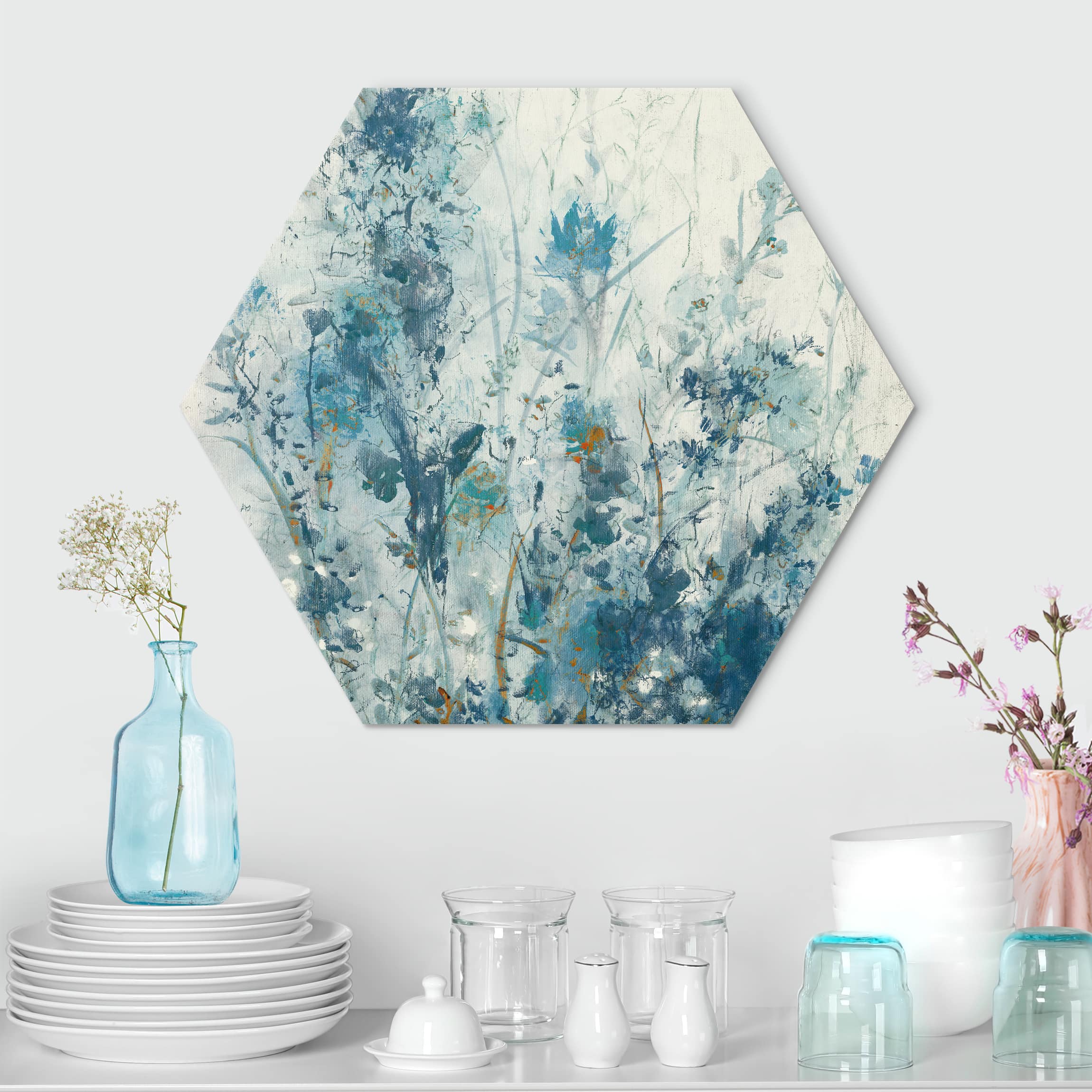 Hexagon-Alu-Dibond Bild Blaue Frühlingswiese I