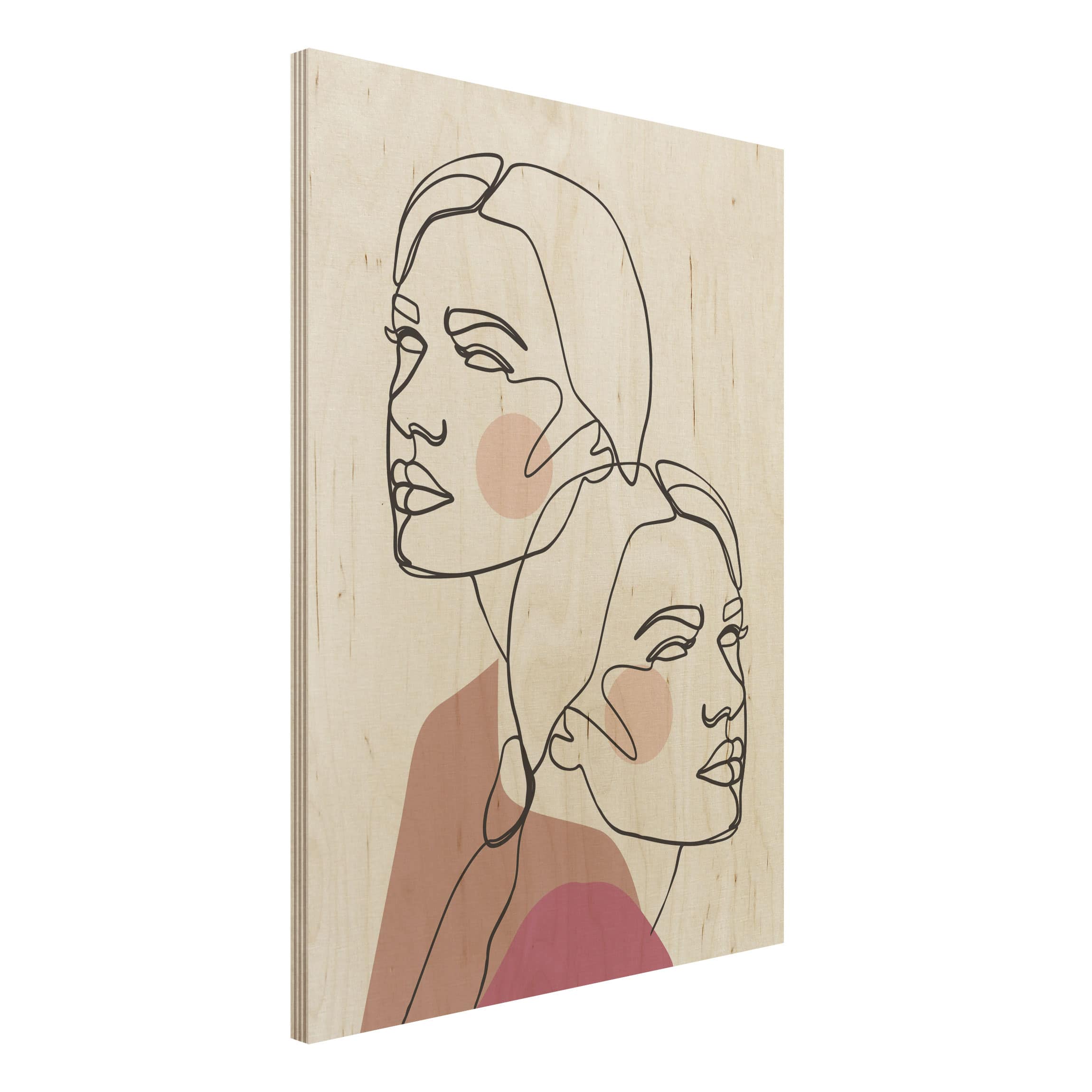 Holzbild - Hochformat 3:4 Line Art Frauen Portrait Wangen Rosa