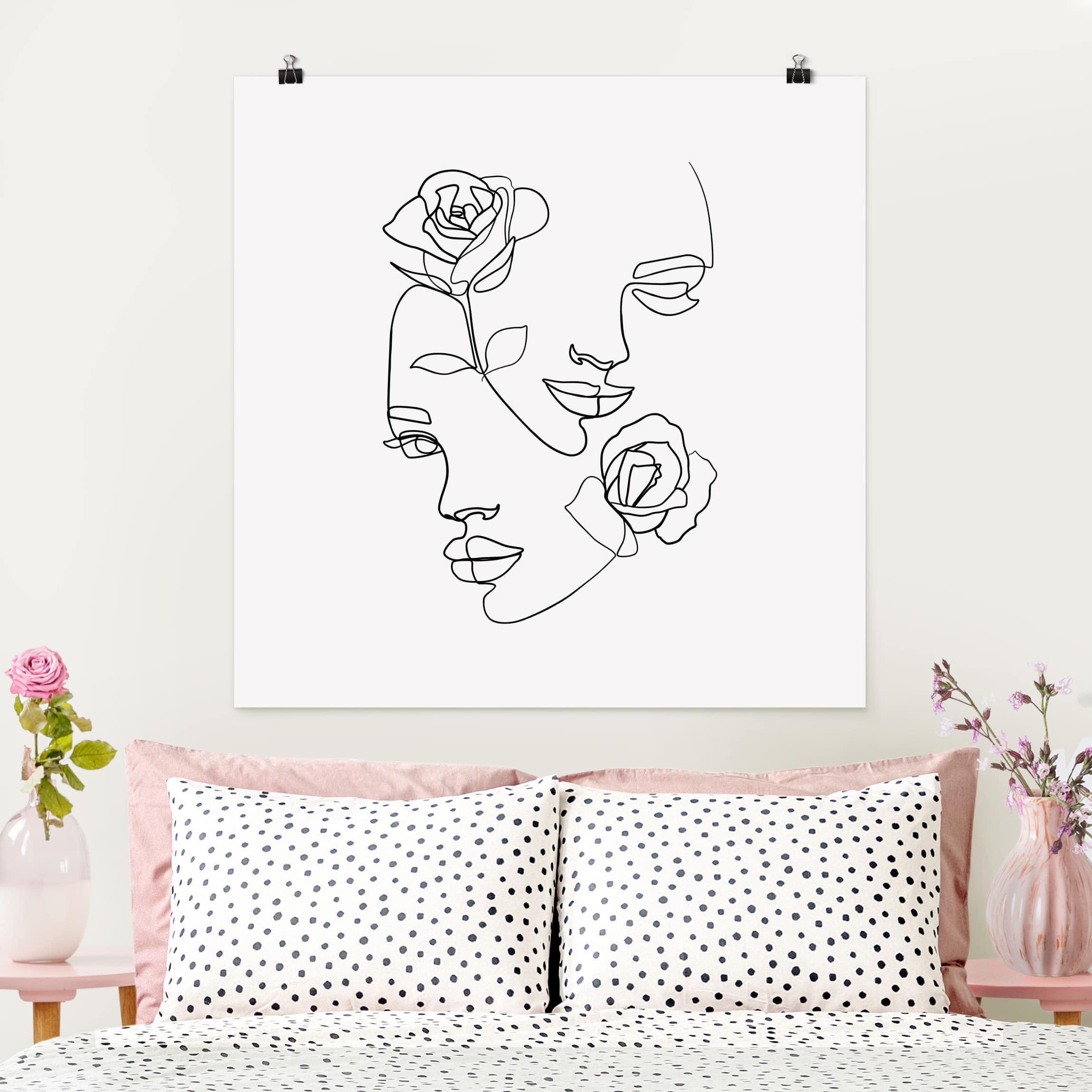 Poster - Quadrat Line Art Gesichter Frauen Rosen Schwarz Weiß