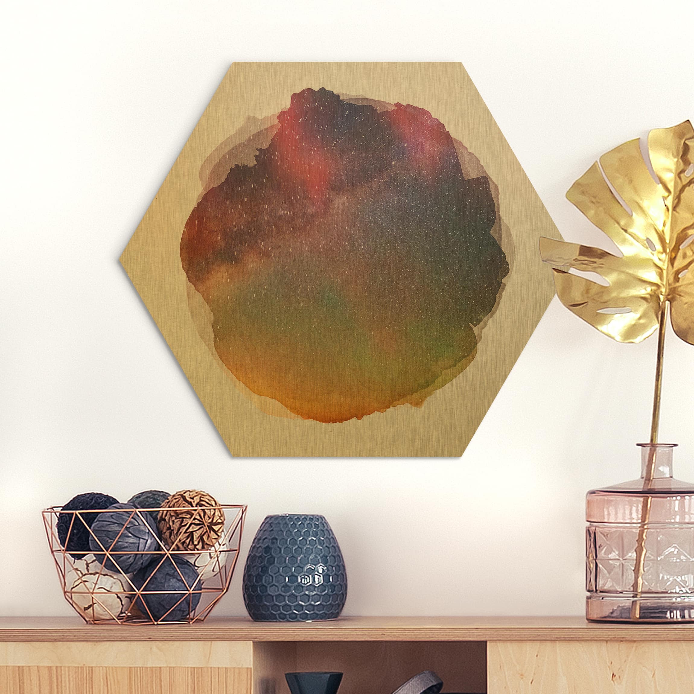 Hexagon-Alu-Dibond Bild Wasserfarben - Sternenhimmel über dem Meer