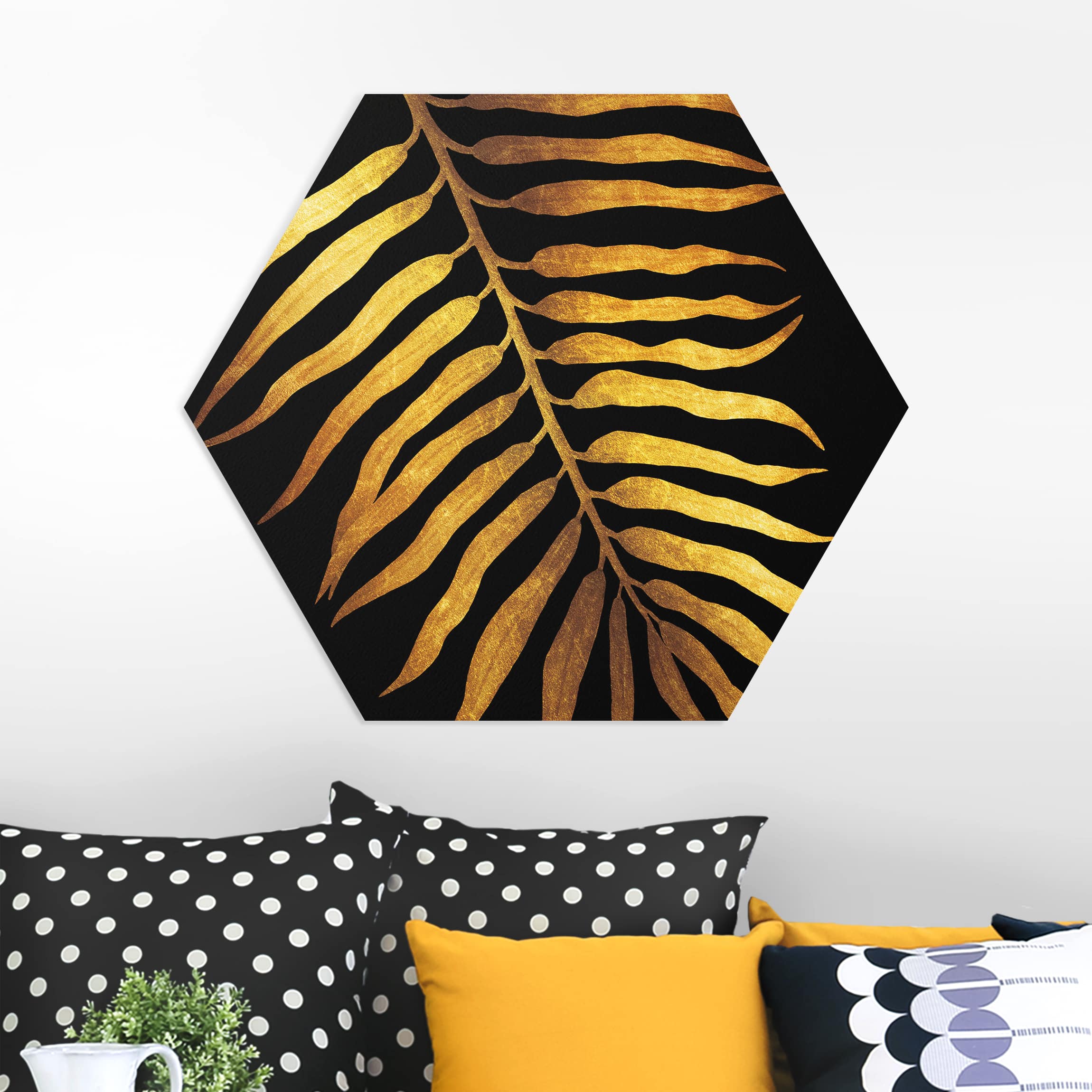Hexagon-Forexbild Gold - Palmenblatt II auf Schwarz