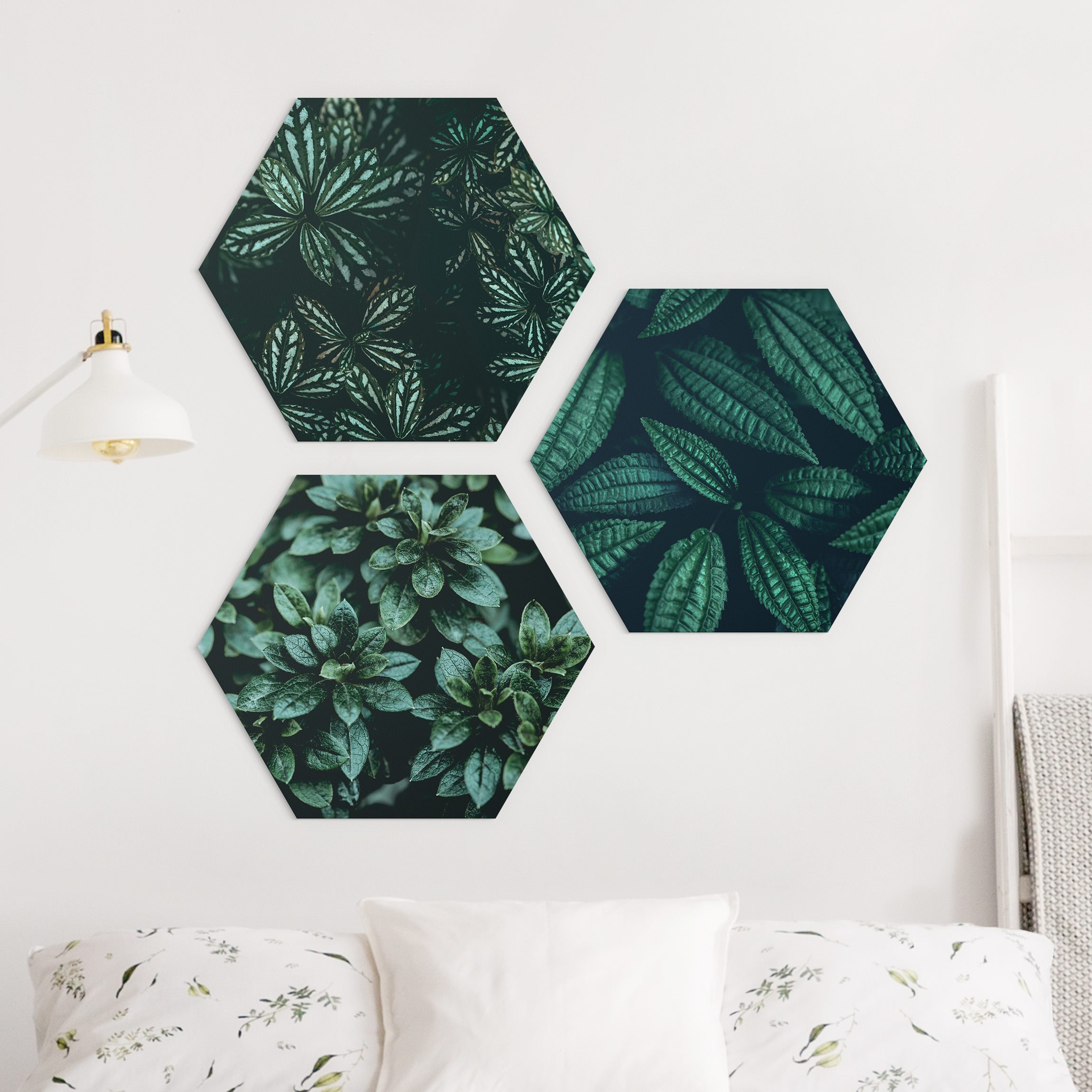 3-teiliges Hexagon-Alu-Dibond Bild Blätter Trio