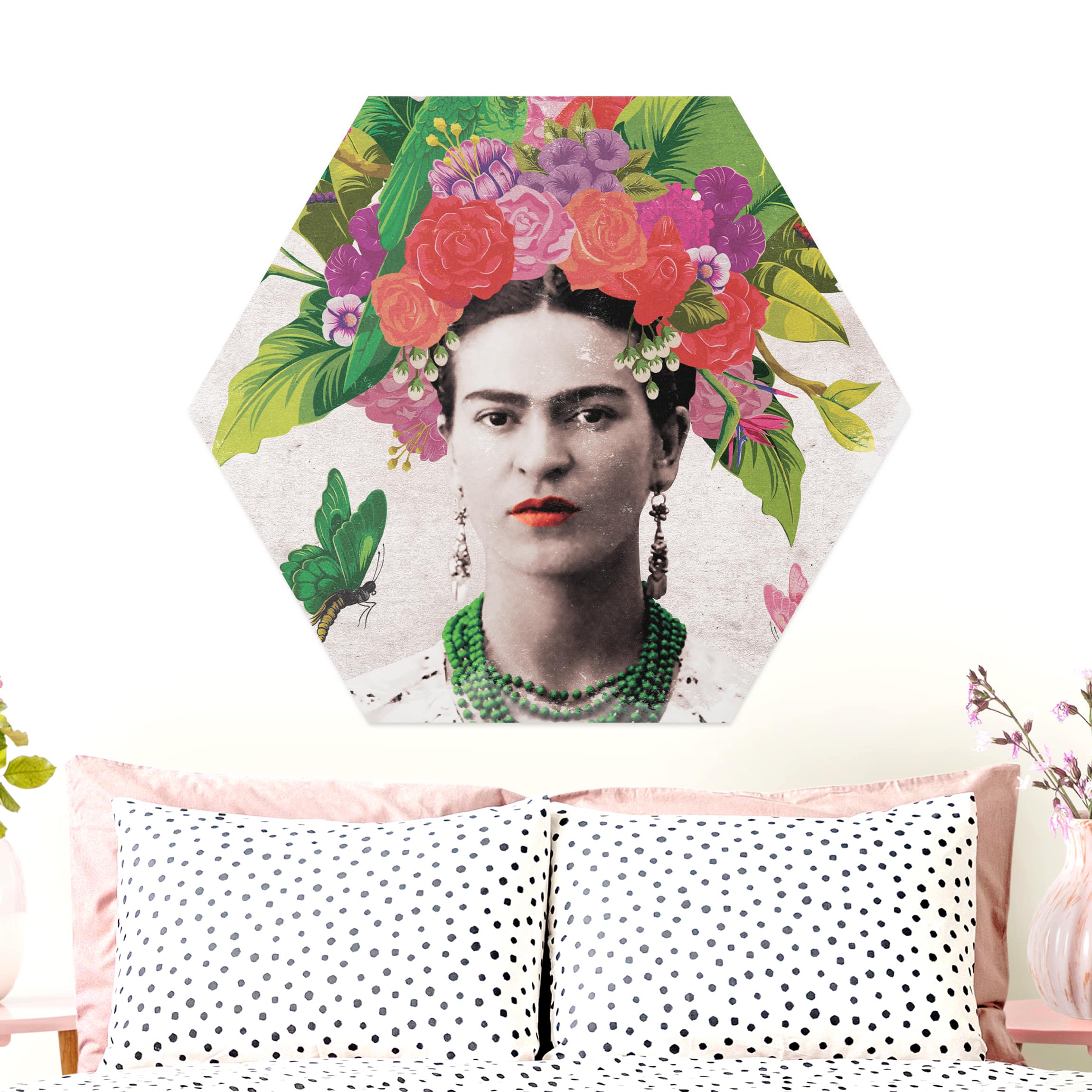 Hexagon-Alu-Dibond Bild Frida Kahlo - Blumenportrait