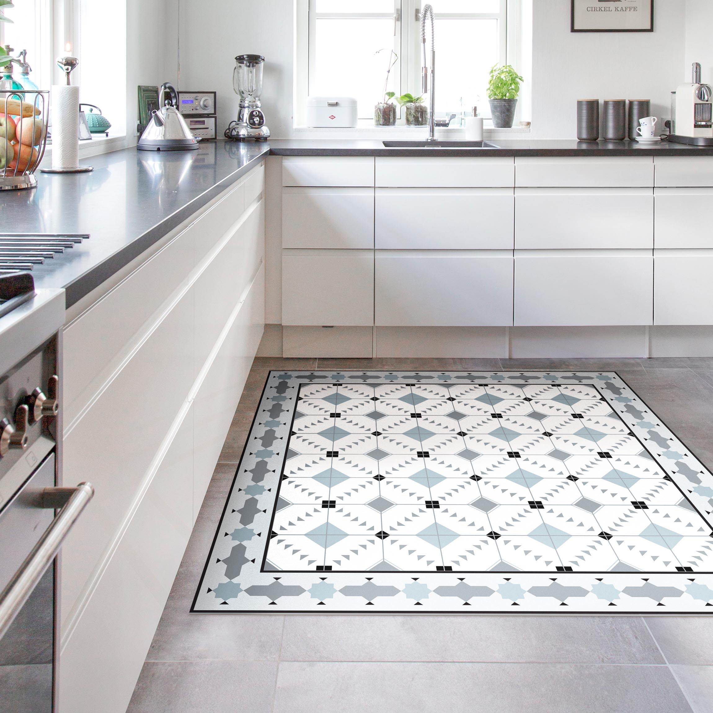 Vinylteppich Geometrische Fliesen Ikat Blau mit Bordüre