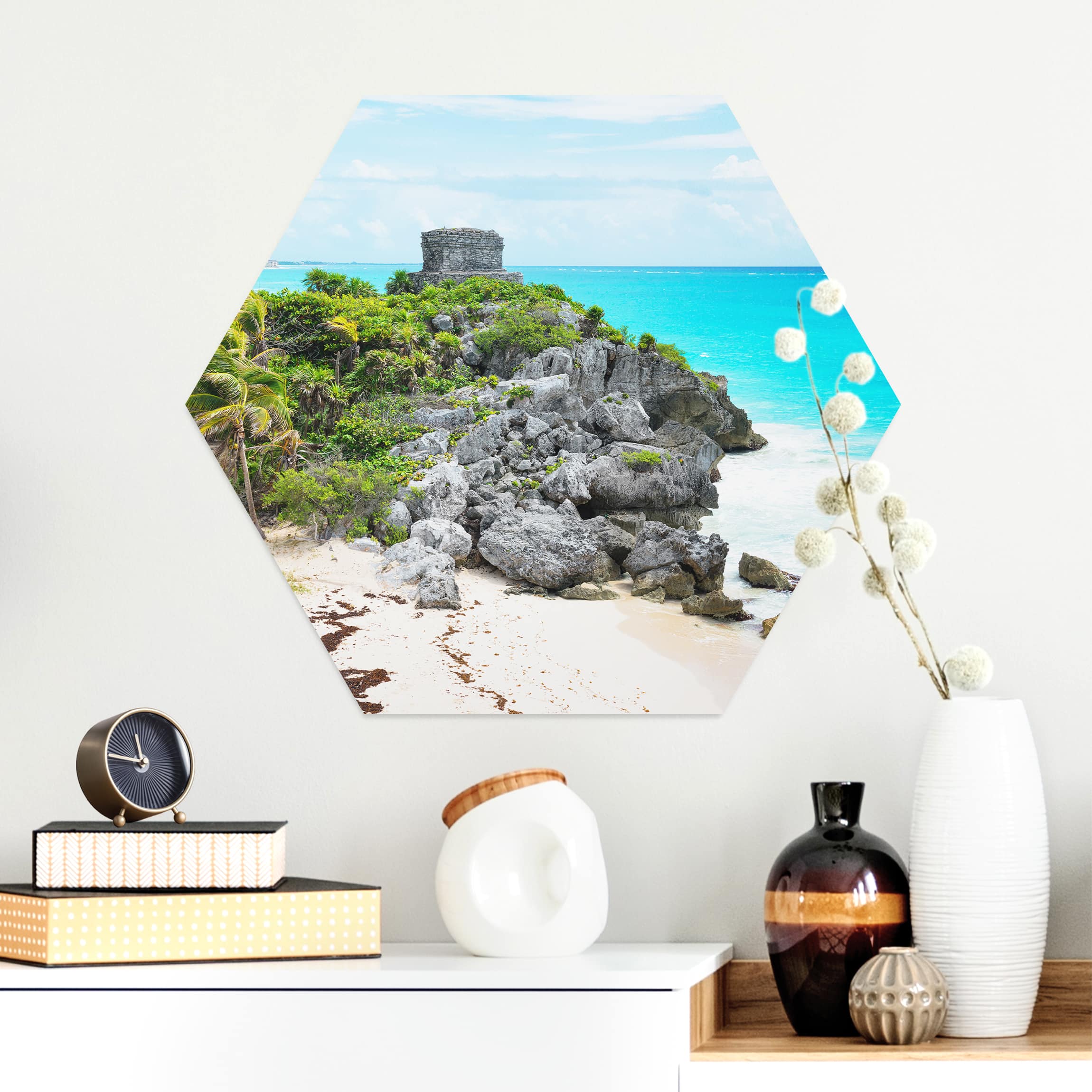 Hexagon-Alu-Dibond Bild Karibikküste Tulum Ruinen