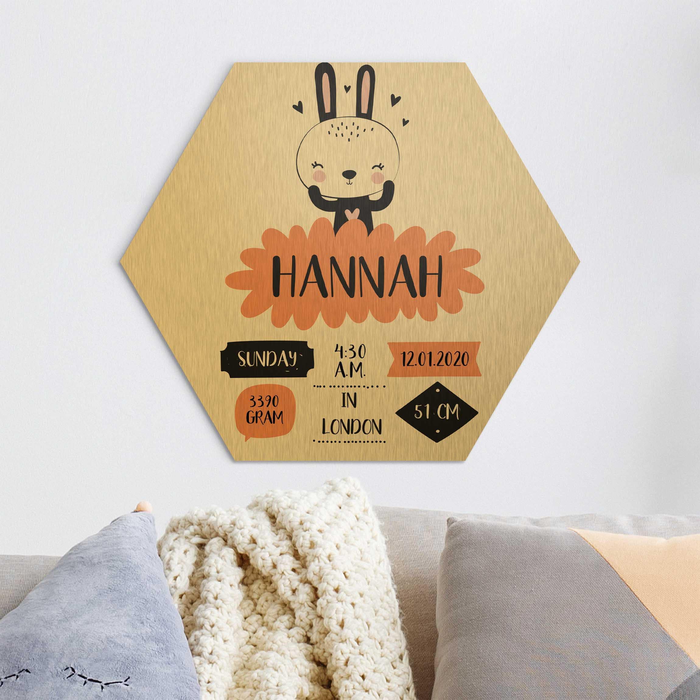 Hexagon-Alu-Dibond Bild Das glückliche Häschen Wunschtext