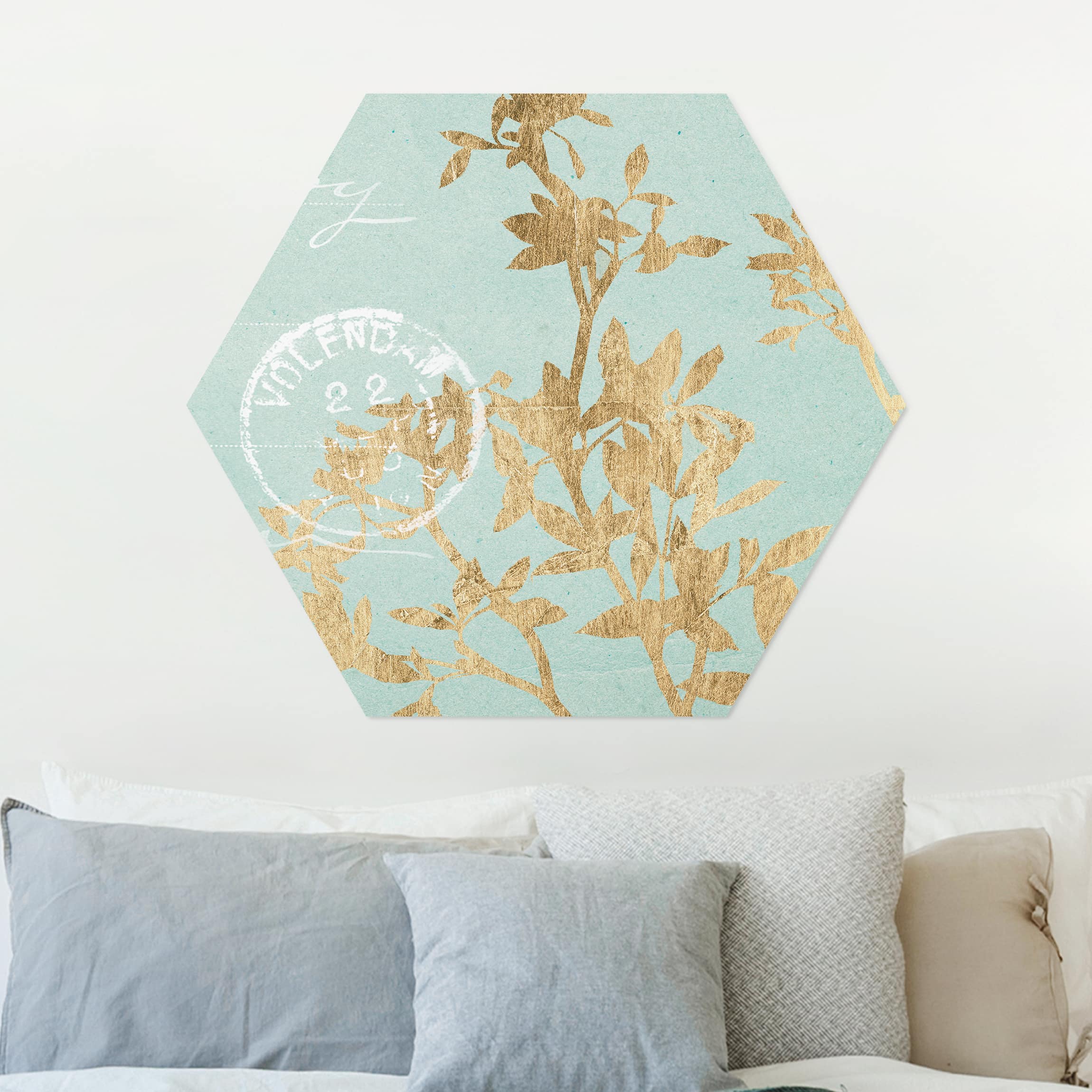 Hexagon-Alu-Dibond Bild Goldene Blätter auf Turquoise II