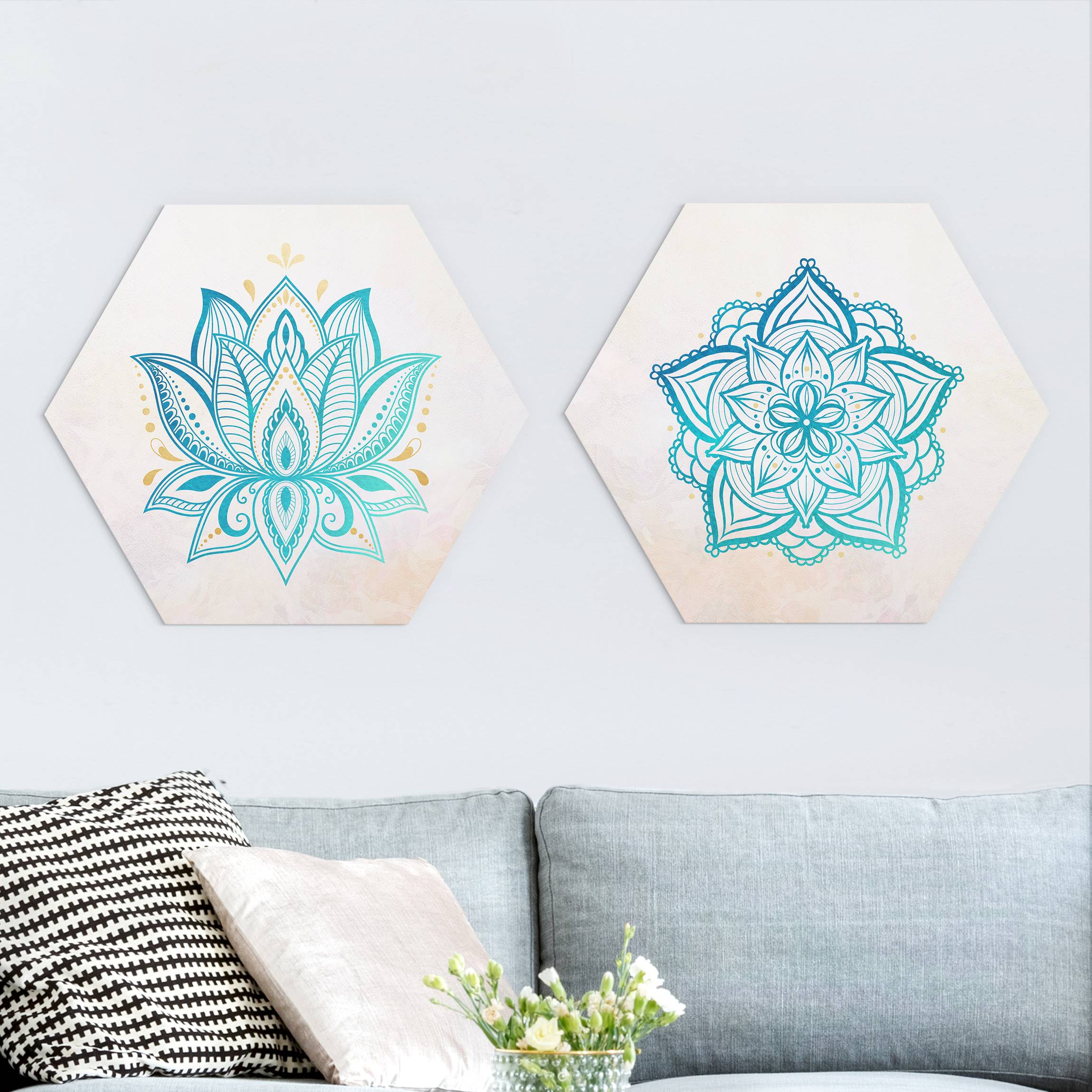 2-teiliges Hexagon-Alu-Dibond Bild Mandala Lotus Set Gold Blau