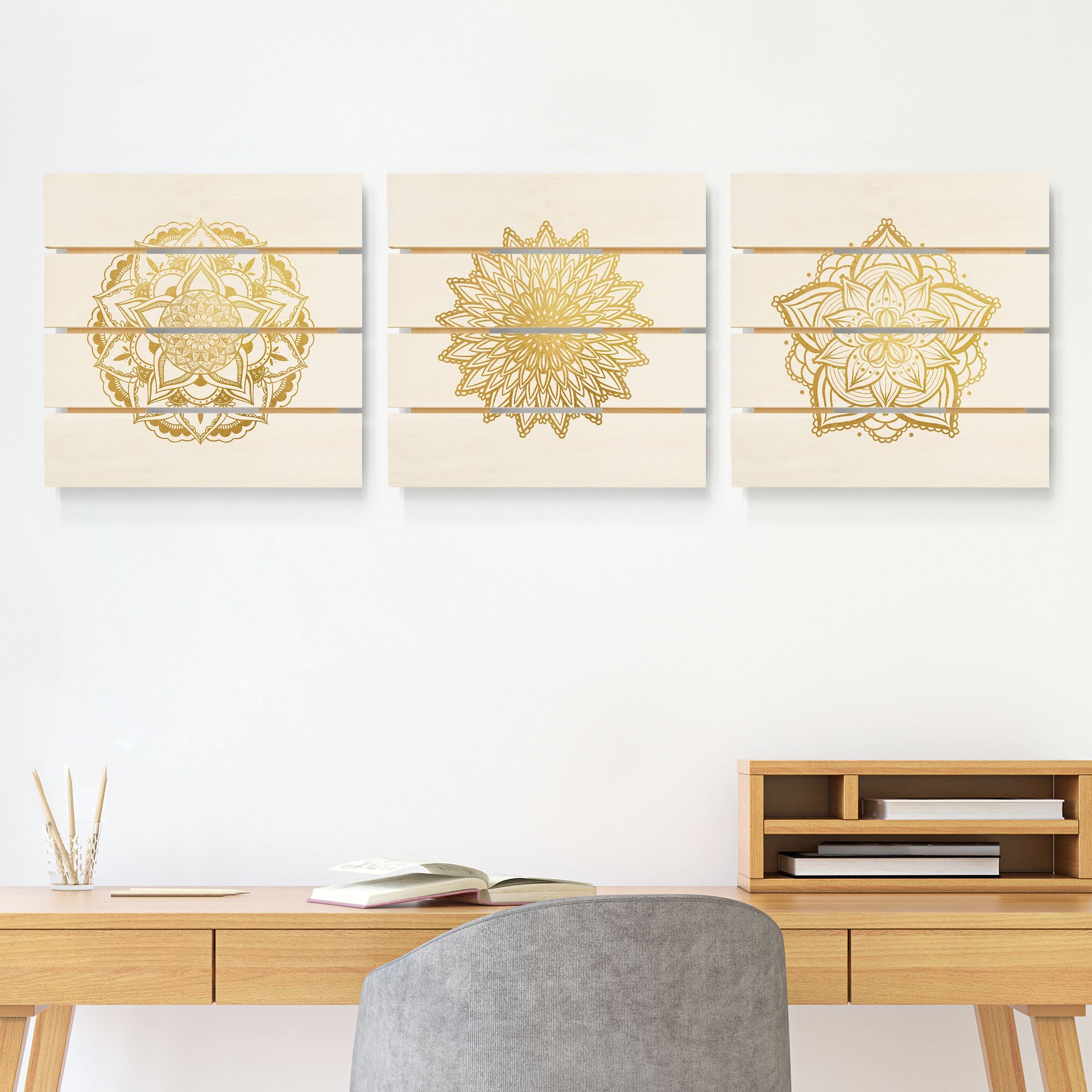 3-teiliges Holzbild Plankenoptik Mandala Blüte Sonne Illustration Set Gold