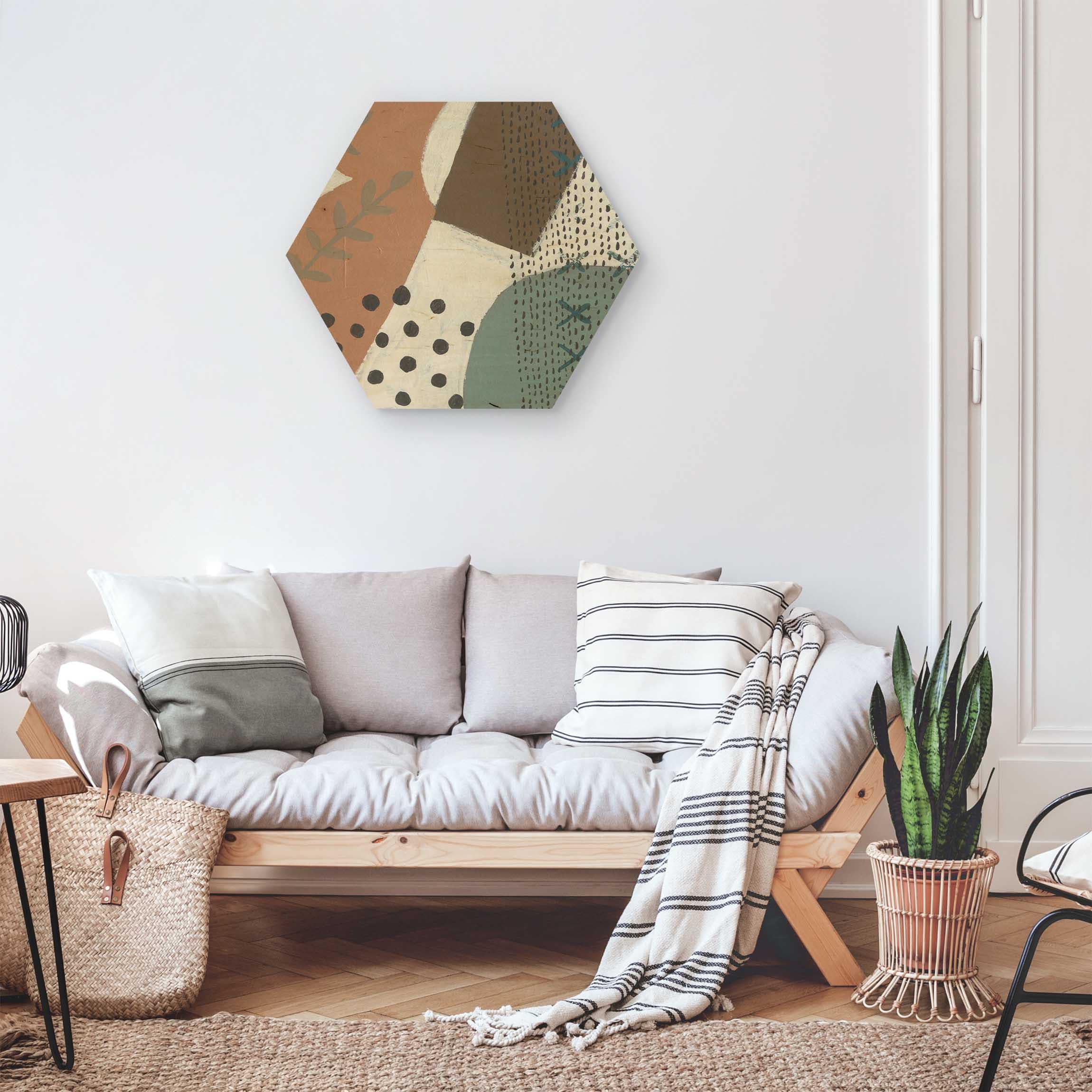 Hexagon-Holzbild Karneval der Formen in Lachs I