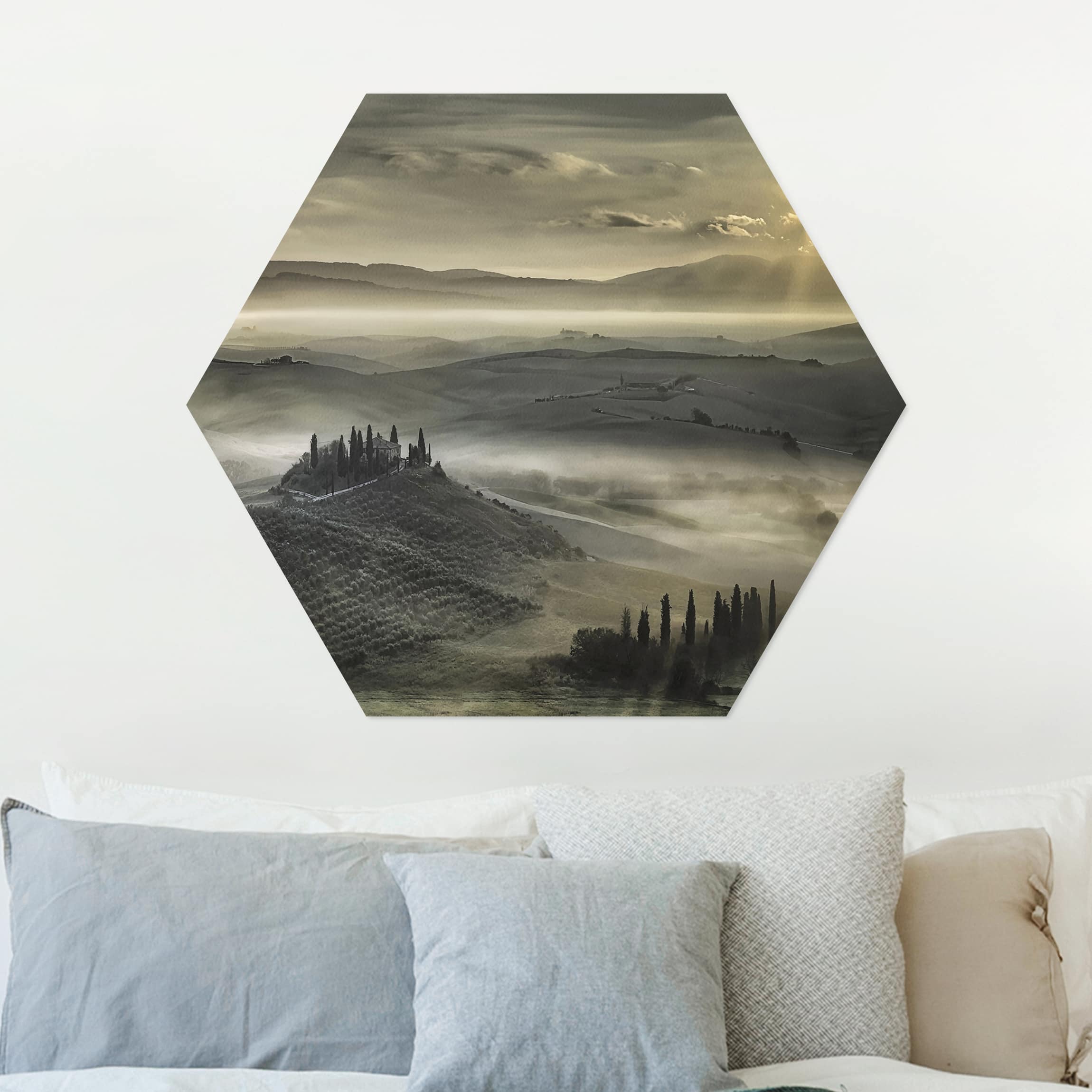 Hexagon-Alu-Dibond Bild Toskana-Morgen