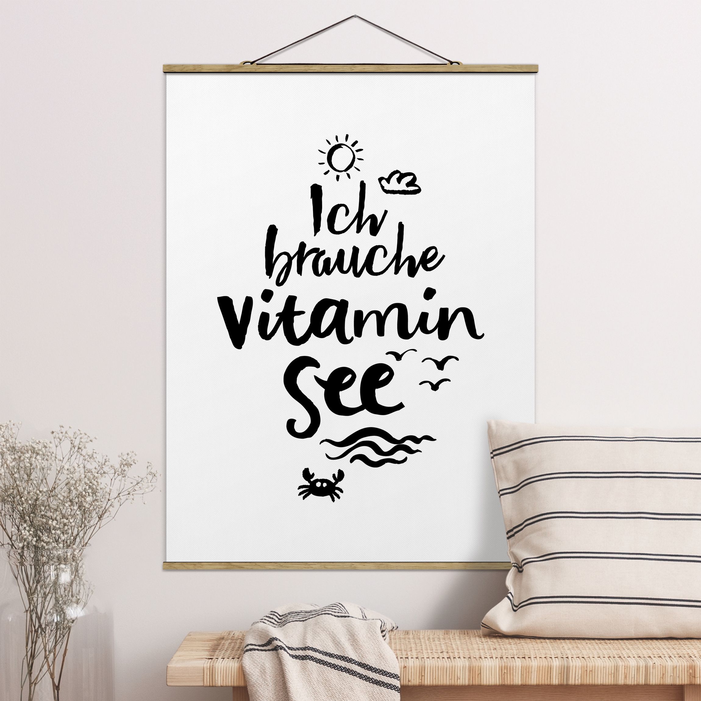 Stoffbild mit Posterleisten Ich brauche Vitamin See