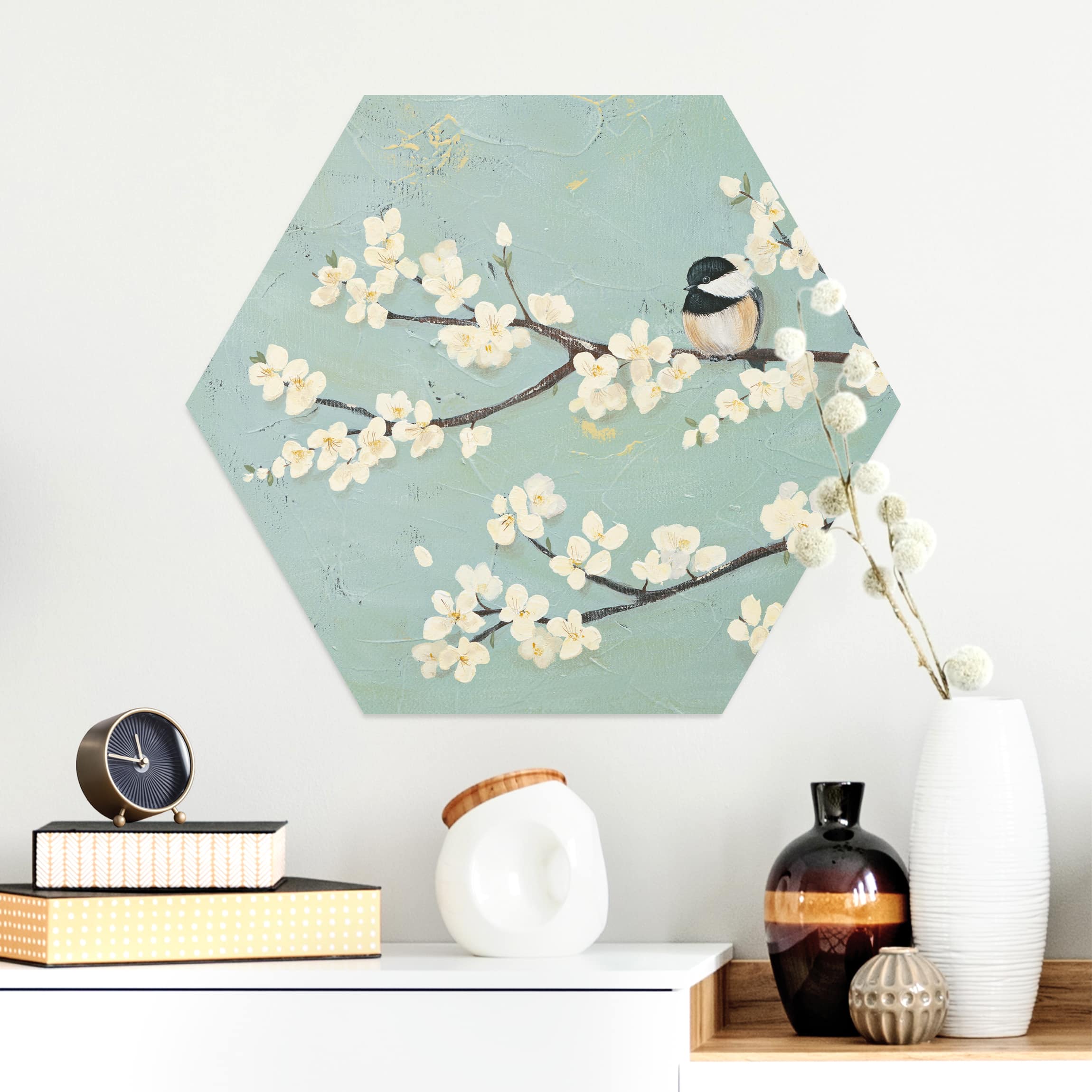 Hexagon-Alu-Dibond Bild Meise auf Kirschast