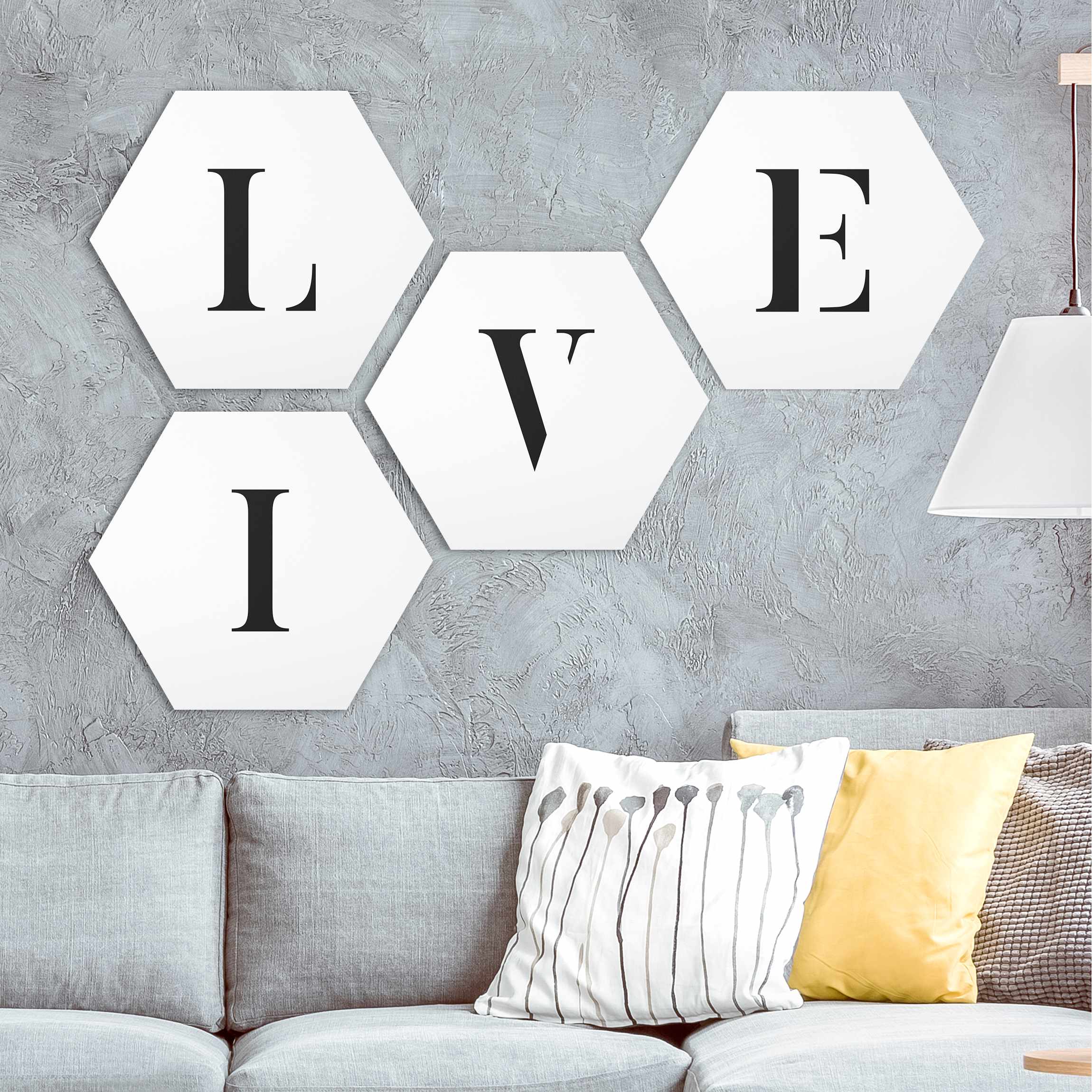 4-teiliges Hexagon-Alu-Dibond Bild Buchstaben LIVE Schwarz Set II