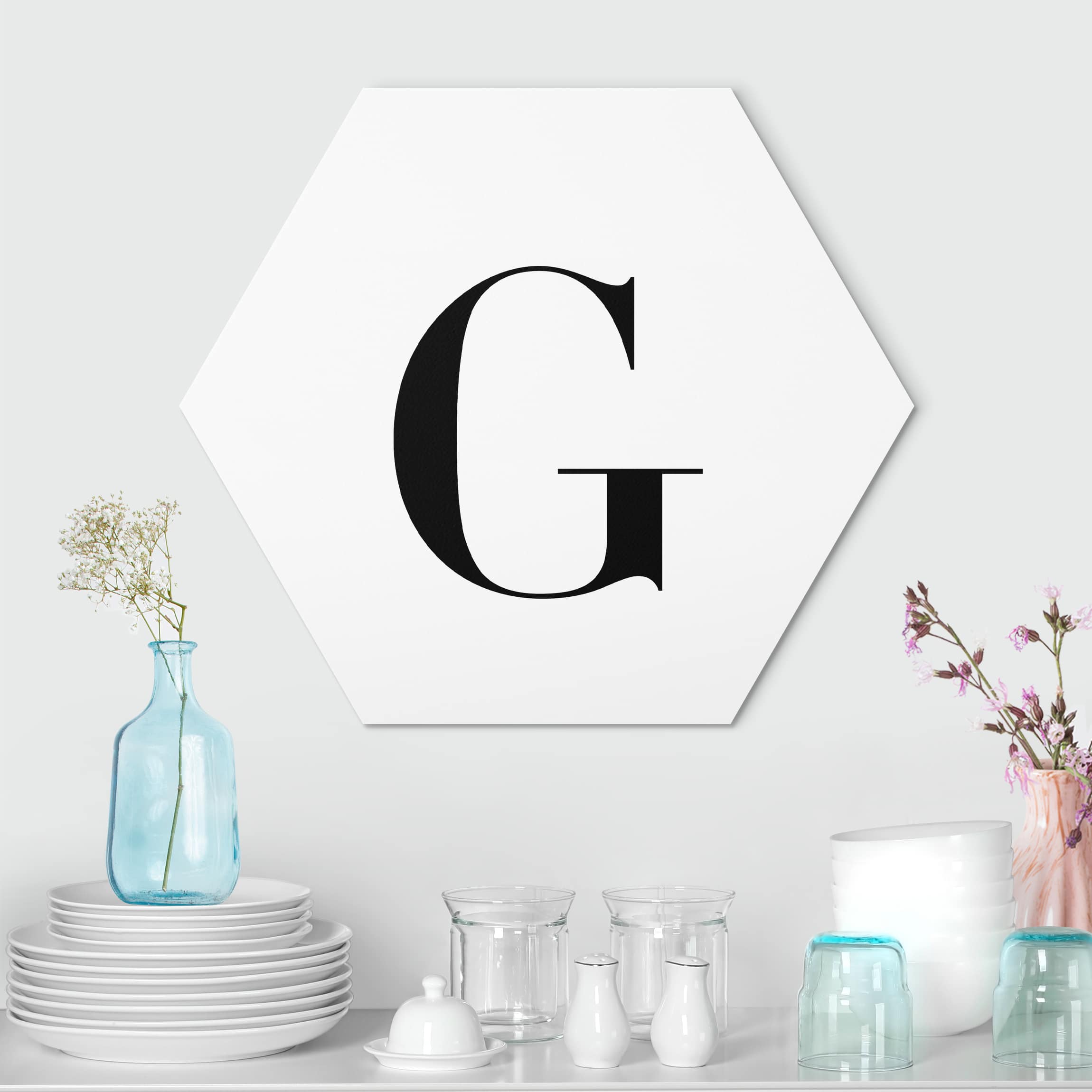 Hexagon-Alu-Dibond Bild Buchstabe Serif Weiß G