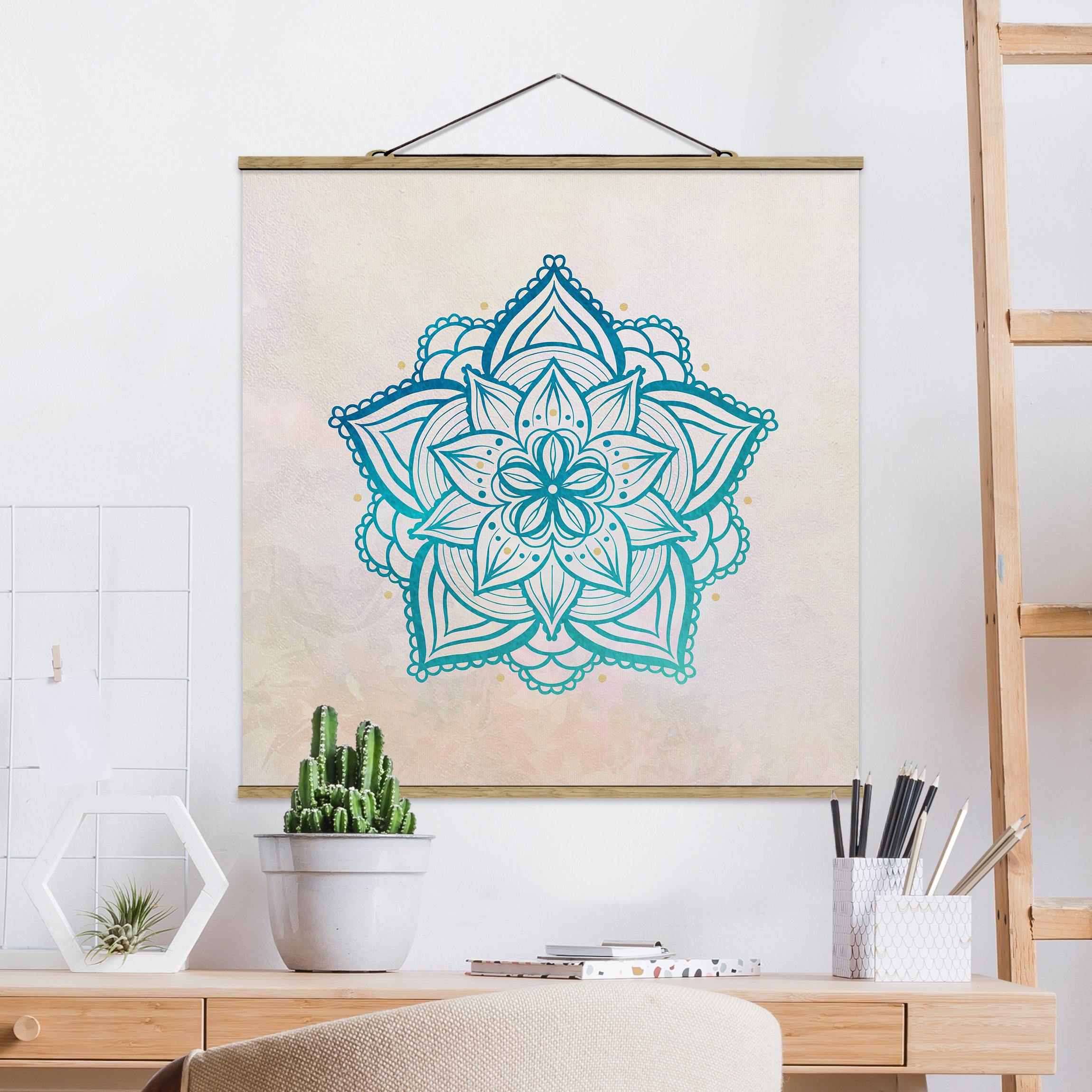 Stoffbild - Quadrat Mandala Hamsa Hand Lotus Set gold blau