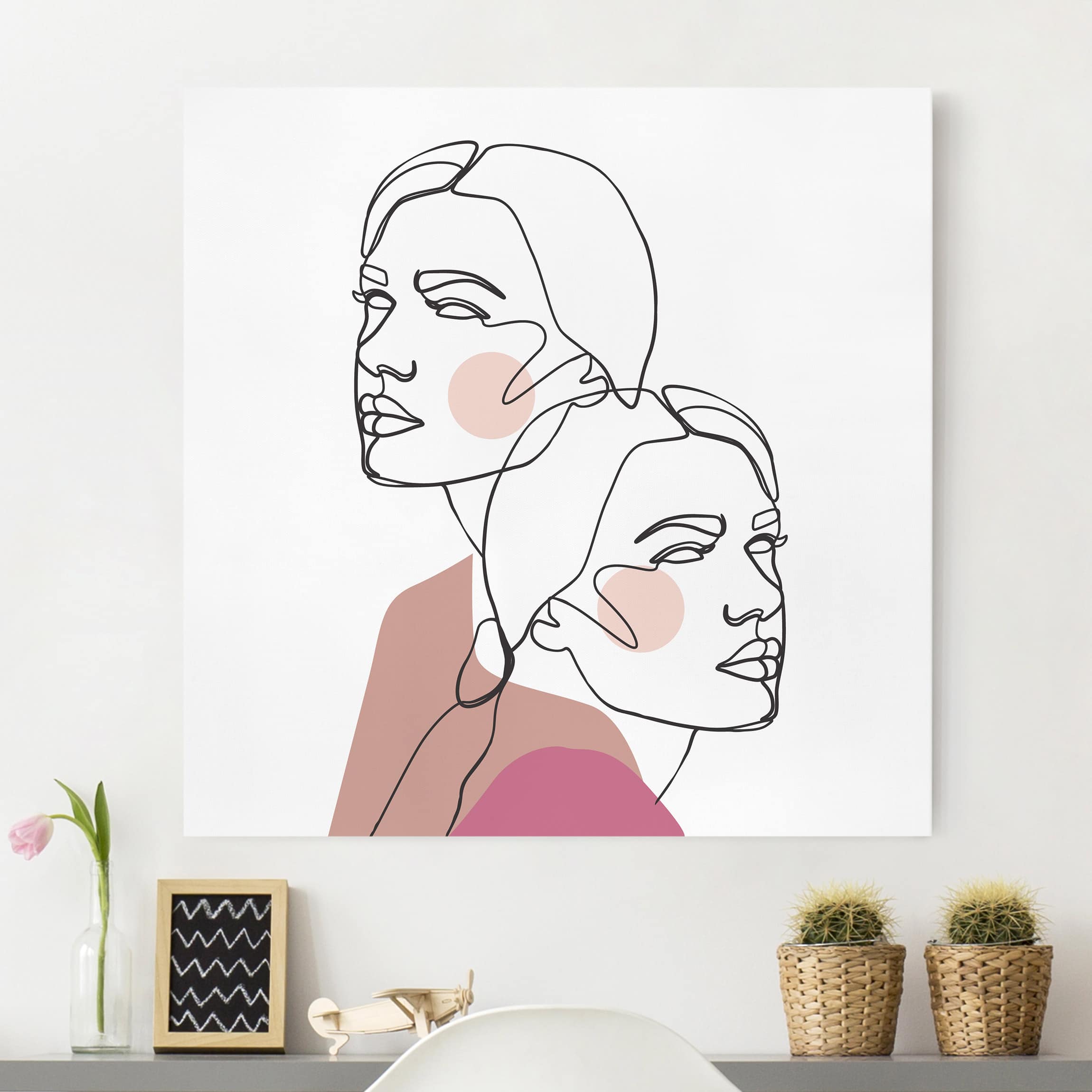 Leinwandbild - Quadrat Line Art Frauen Portrait Wangen Rosa