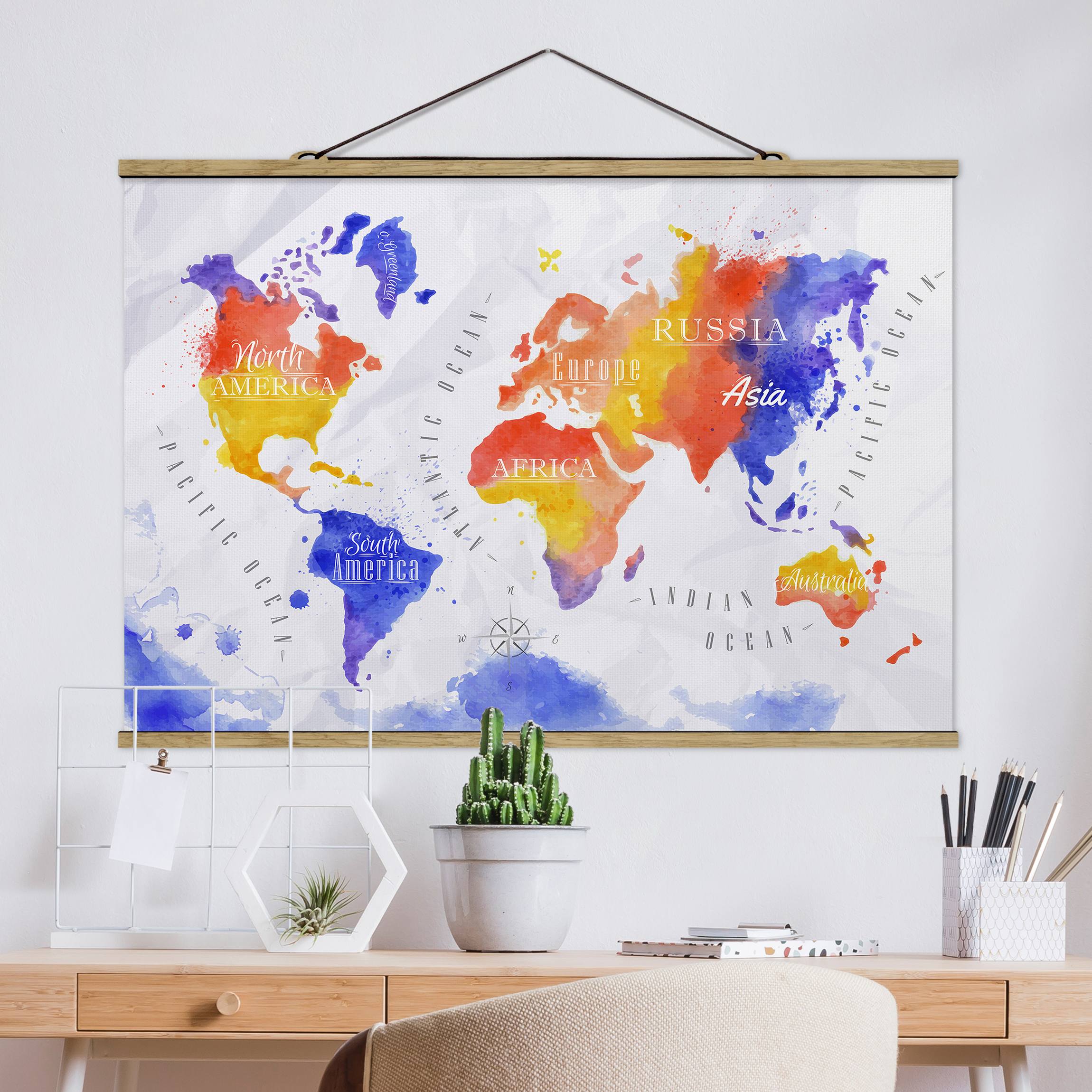Stoffbild - Querformat Aquarelloptik Weltkarte violett rot gelb