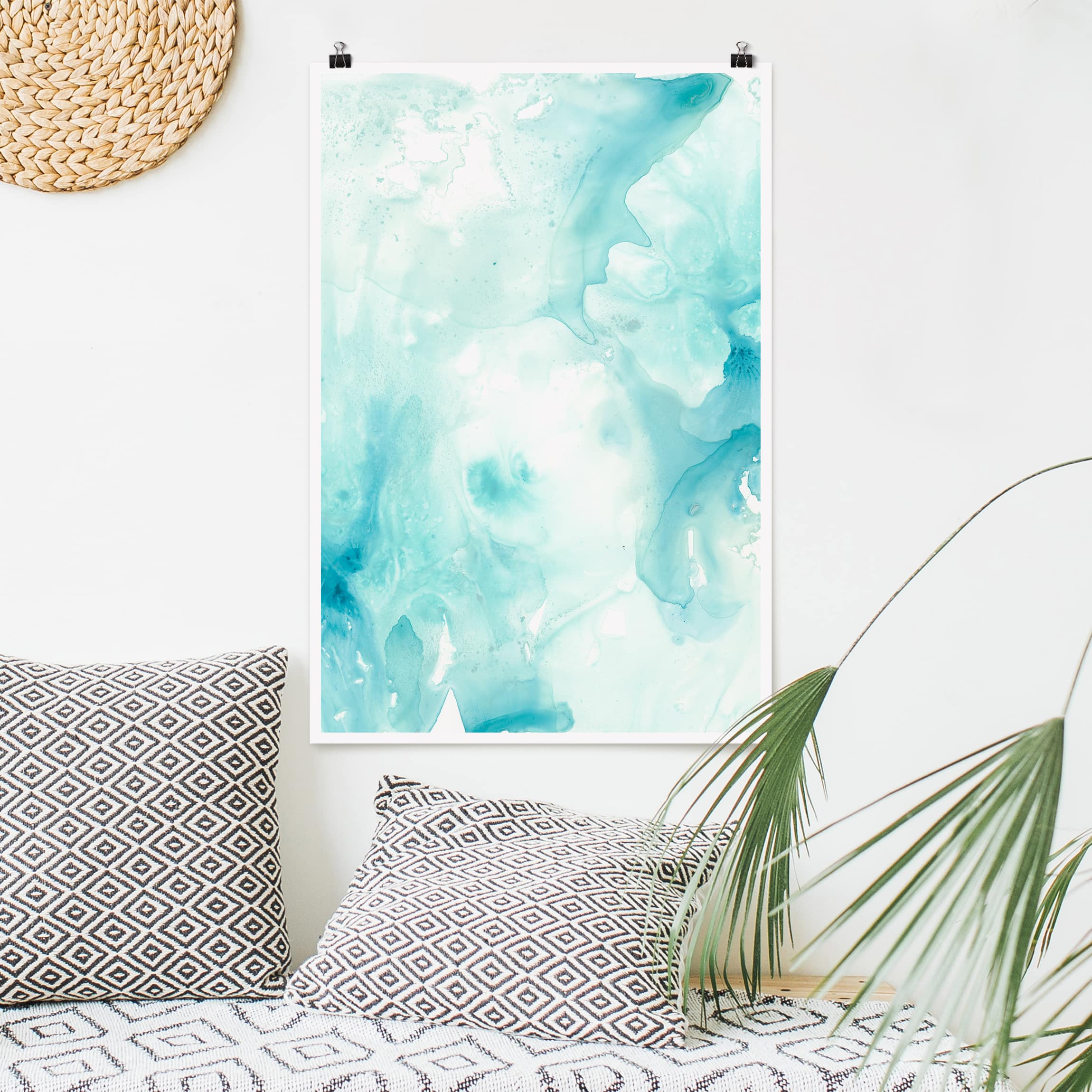 Poster - Hochformat Emulsion in weiß und türkis II
