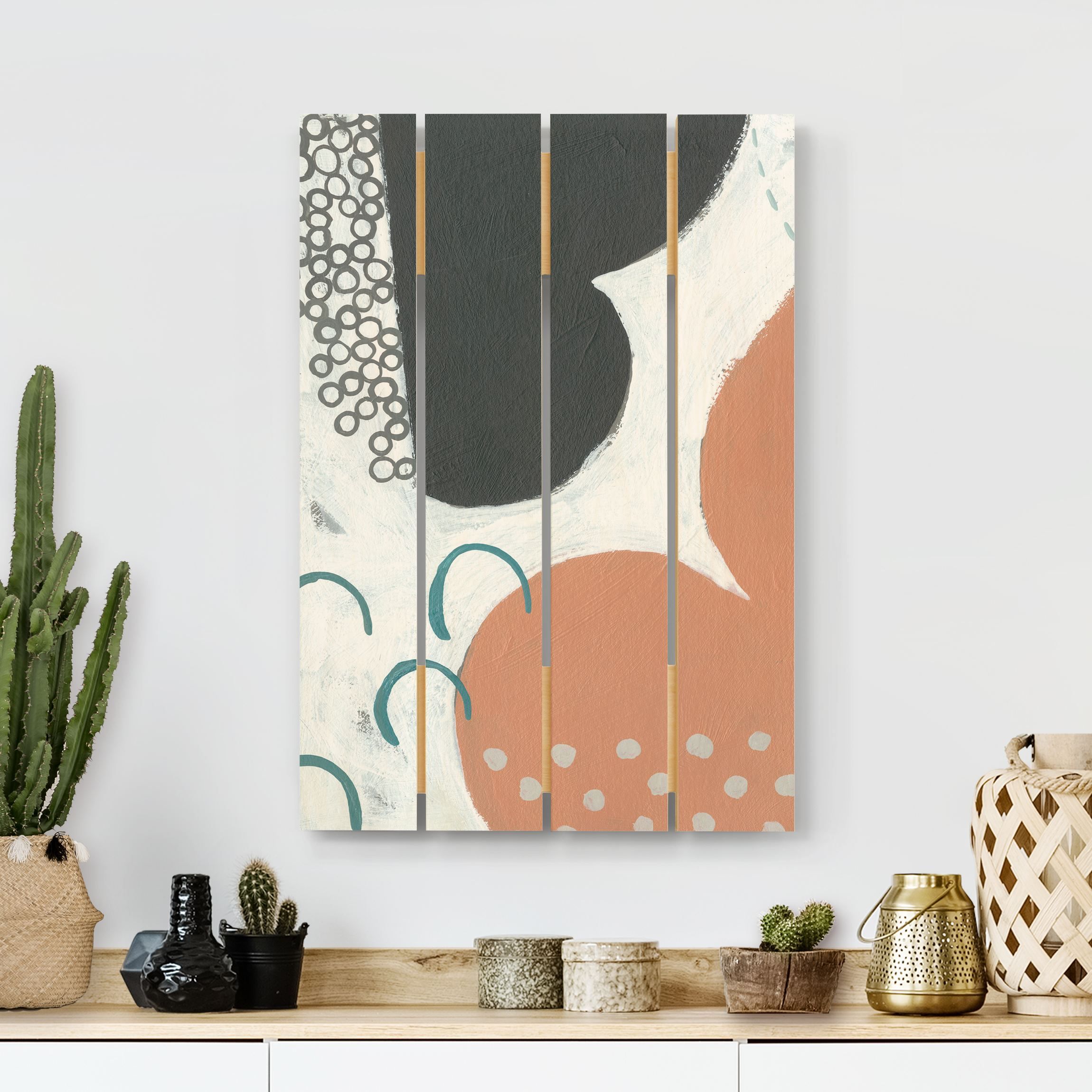 Holzbild Plankenoptik - Hochformat Karneval der Formen in Lachs III