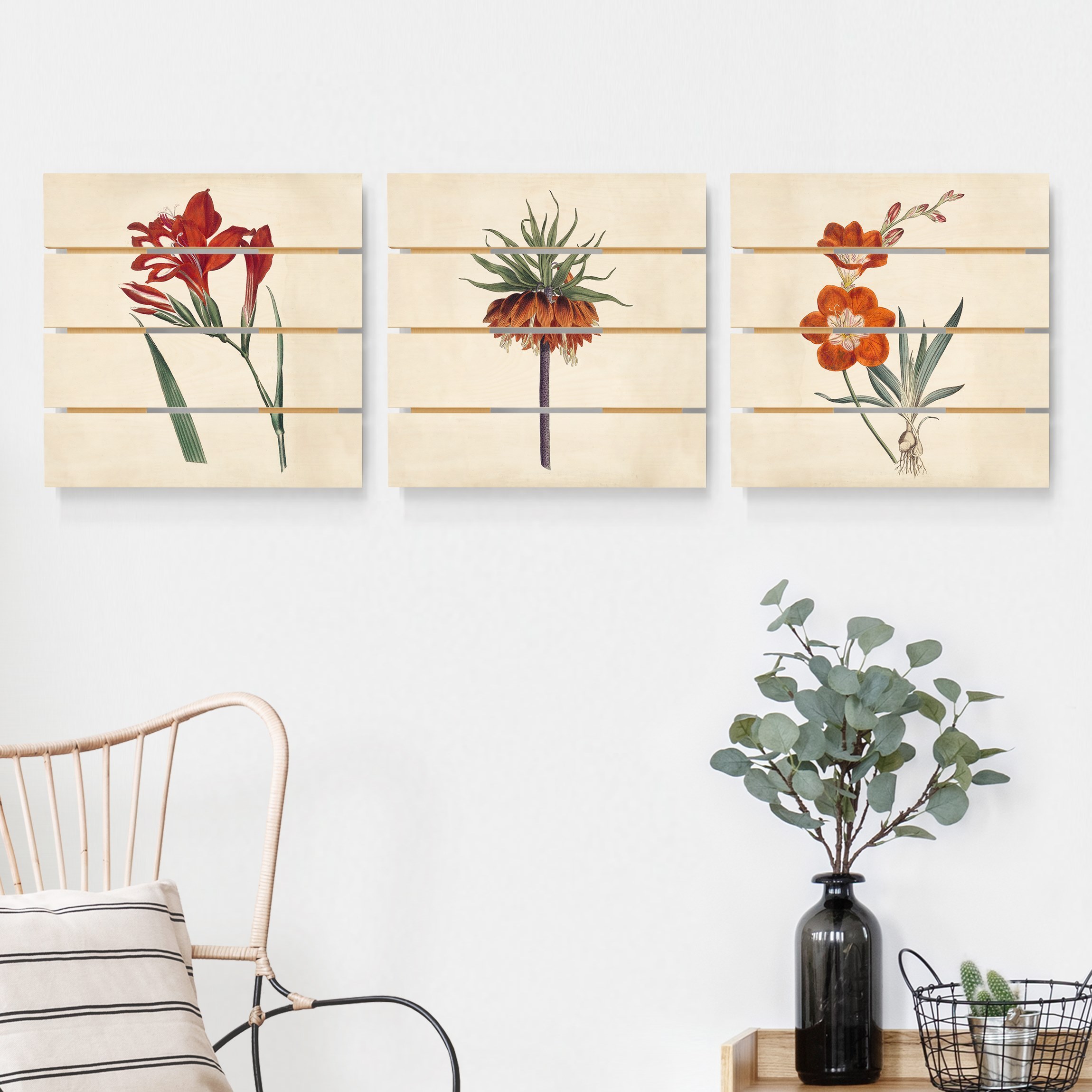 3-teiliges Holzbild Plankenoptik - Quadrat Gartenschönheit Set II