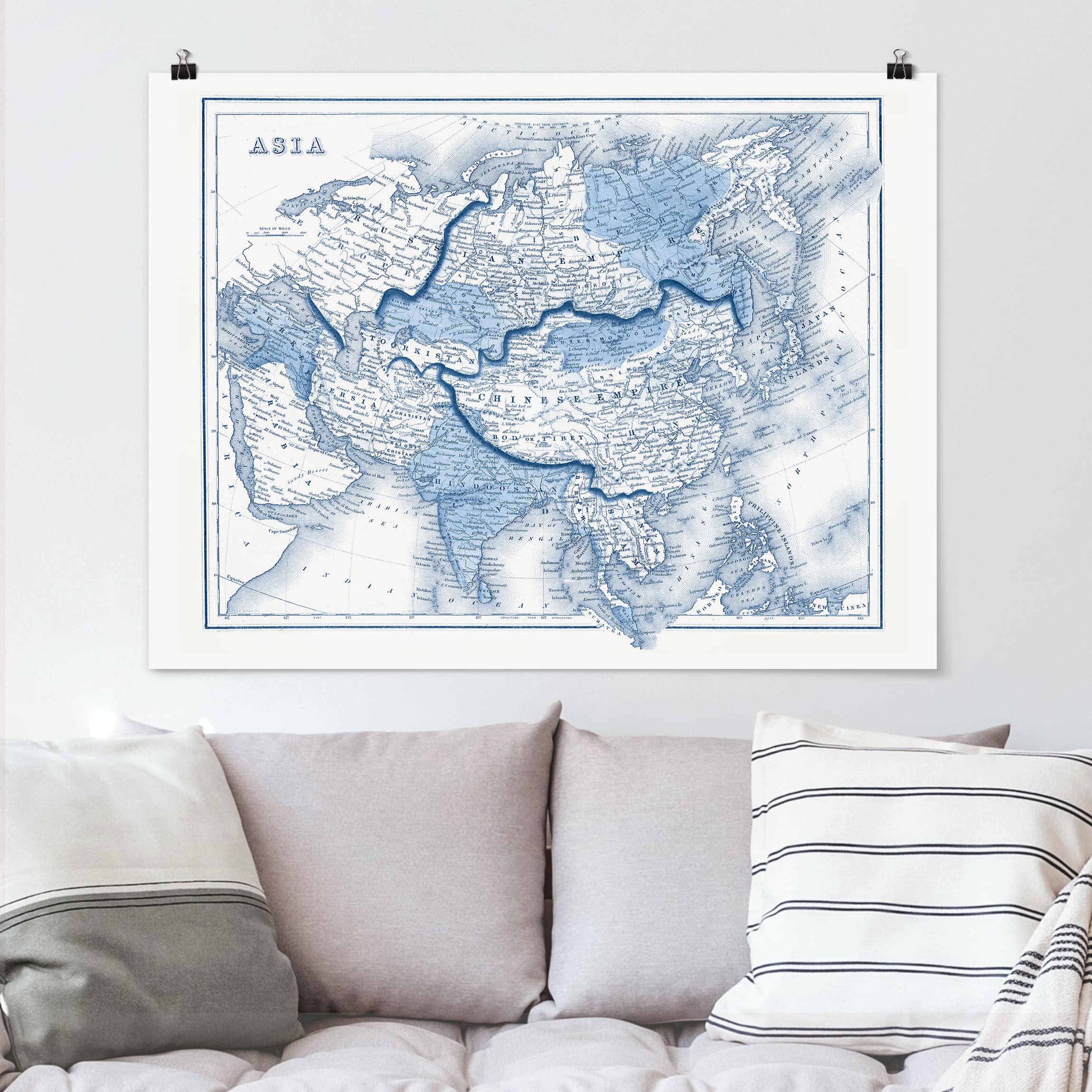 Poster - Querformat Karte in Blautönen - Asien