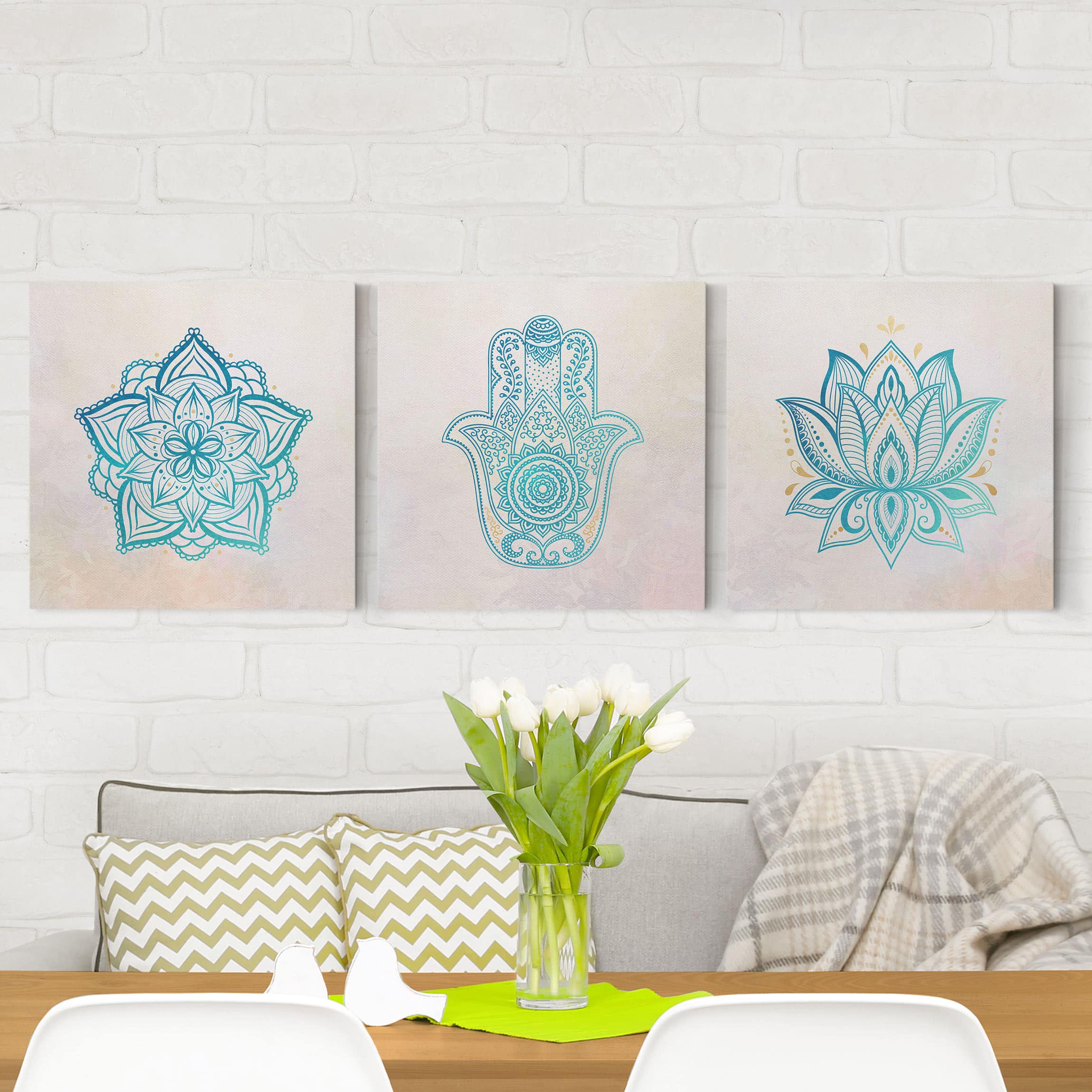 Leinwandbild Mandala Hamsa Hand Lotus Set gold blau