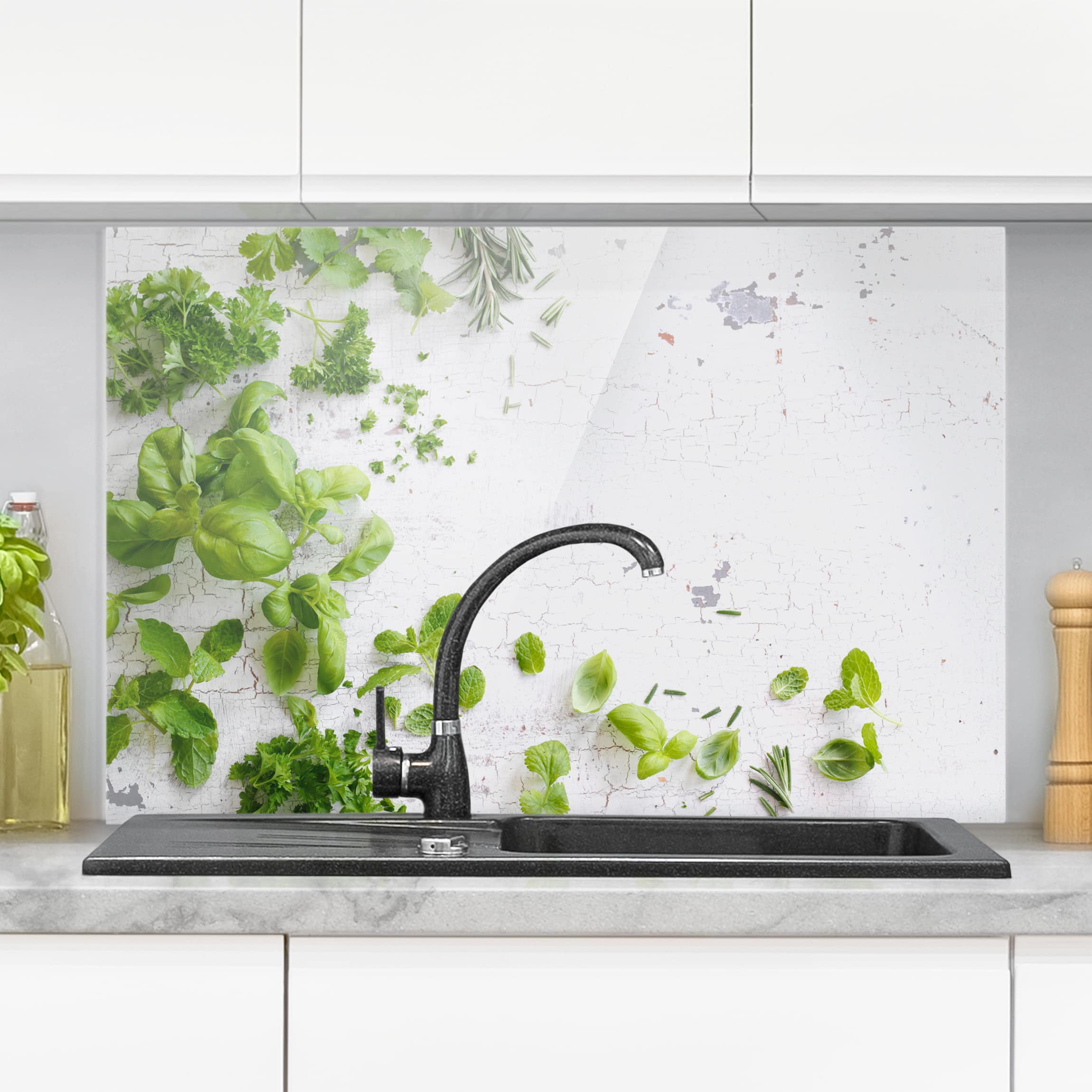 Glas Spritzschutz - Querformat 3:2 Kräuter auf Holz Shabby