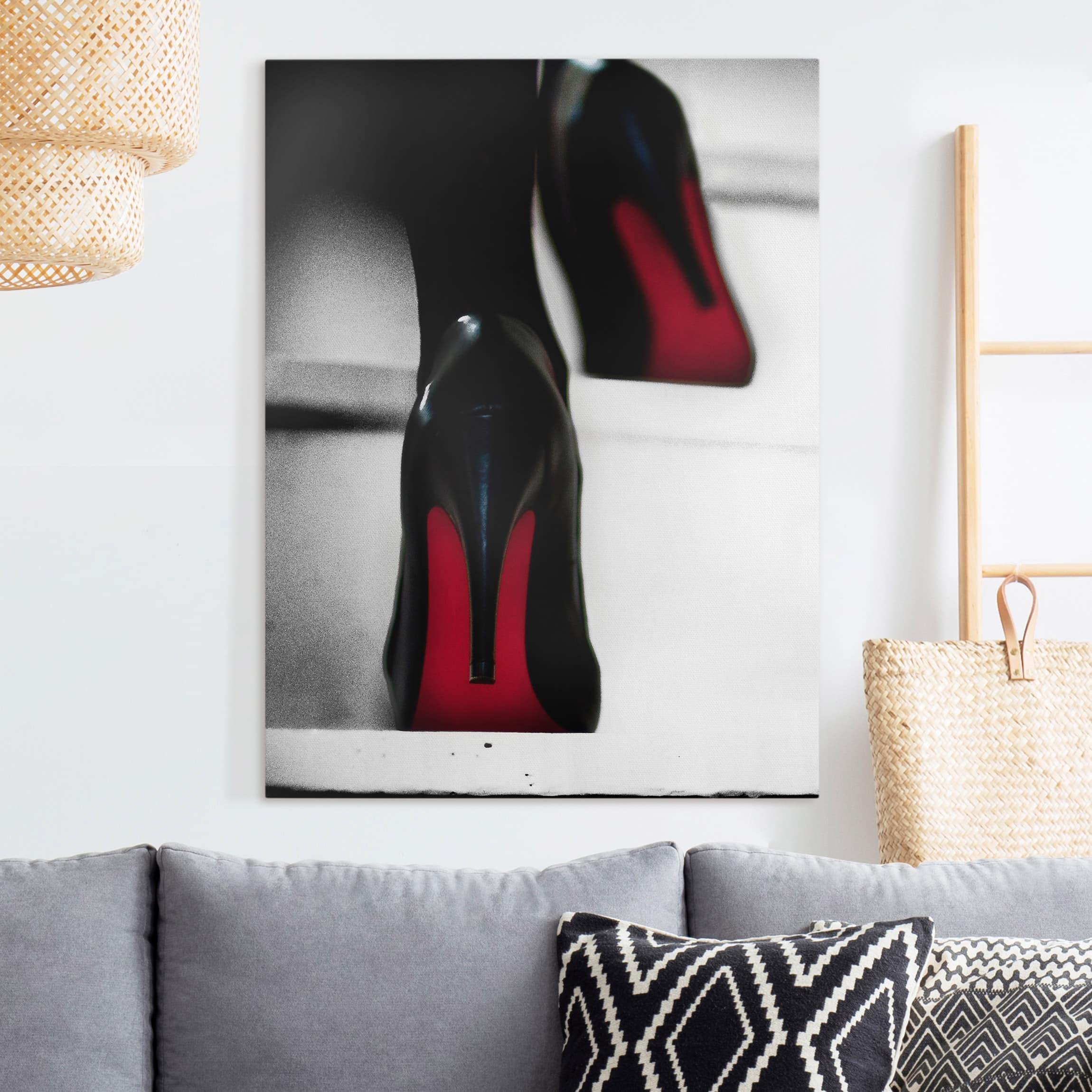 Leinwandbild Schwarz-Weiß High Heels in Rot