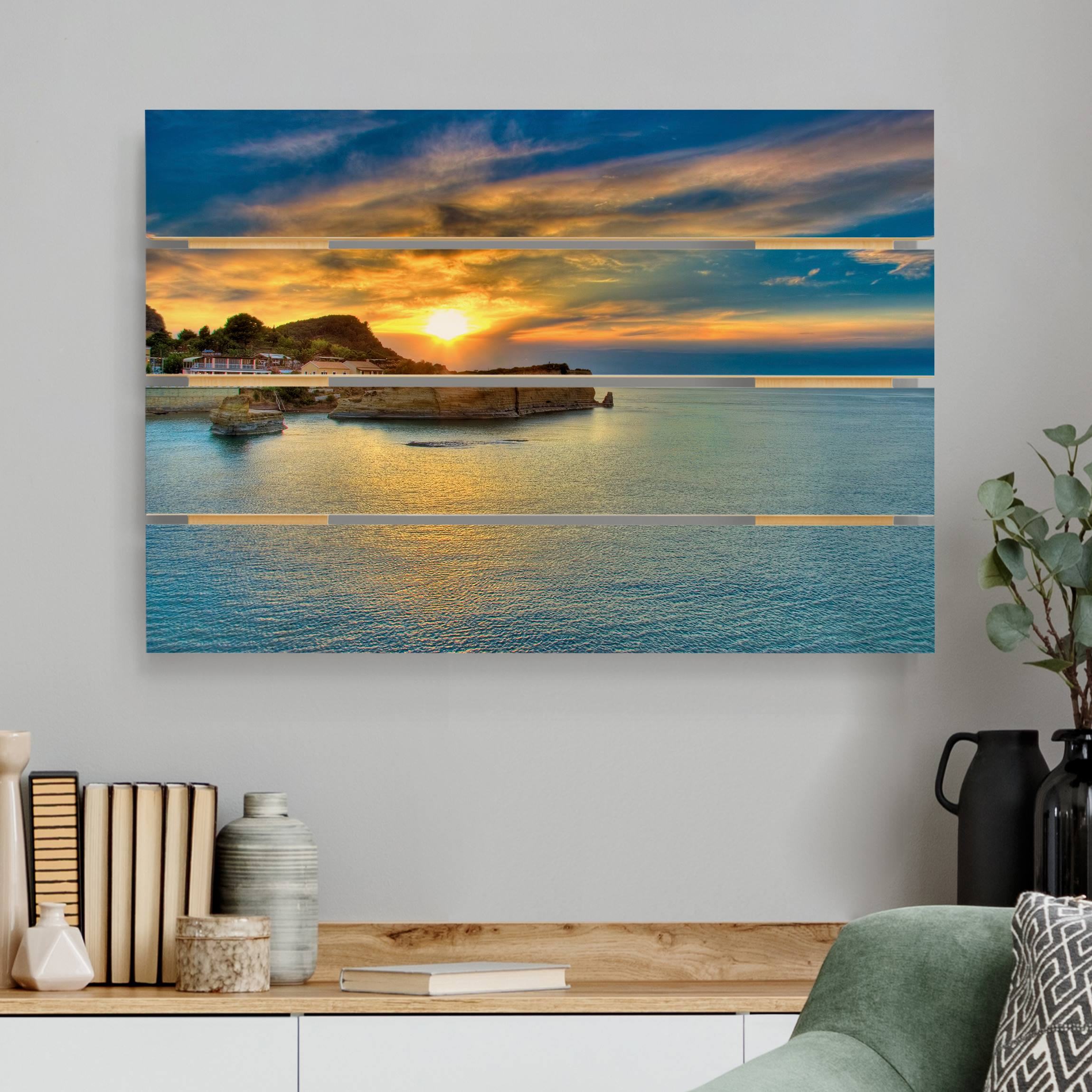 Holzbild Plankenoptik - Querformat Sonnenuntergang über Korfu
