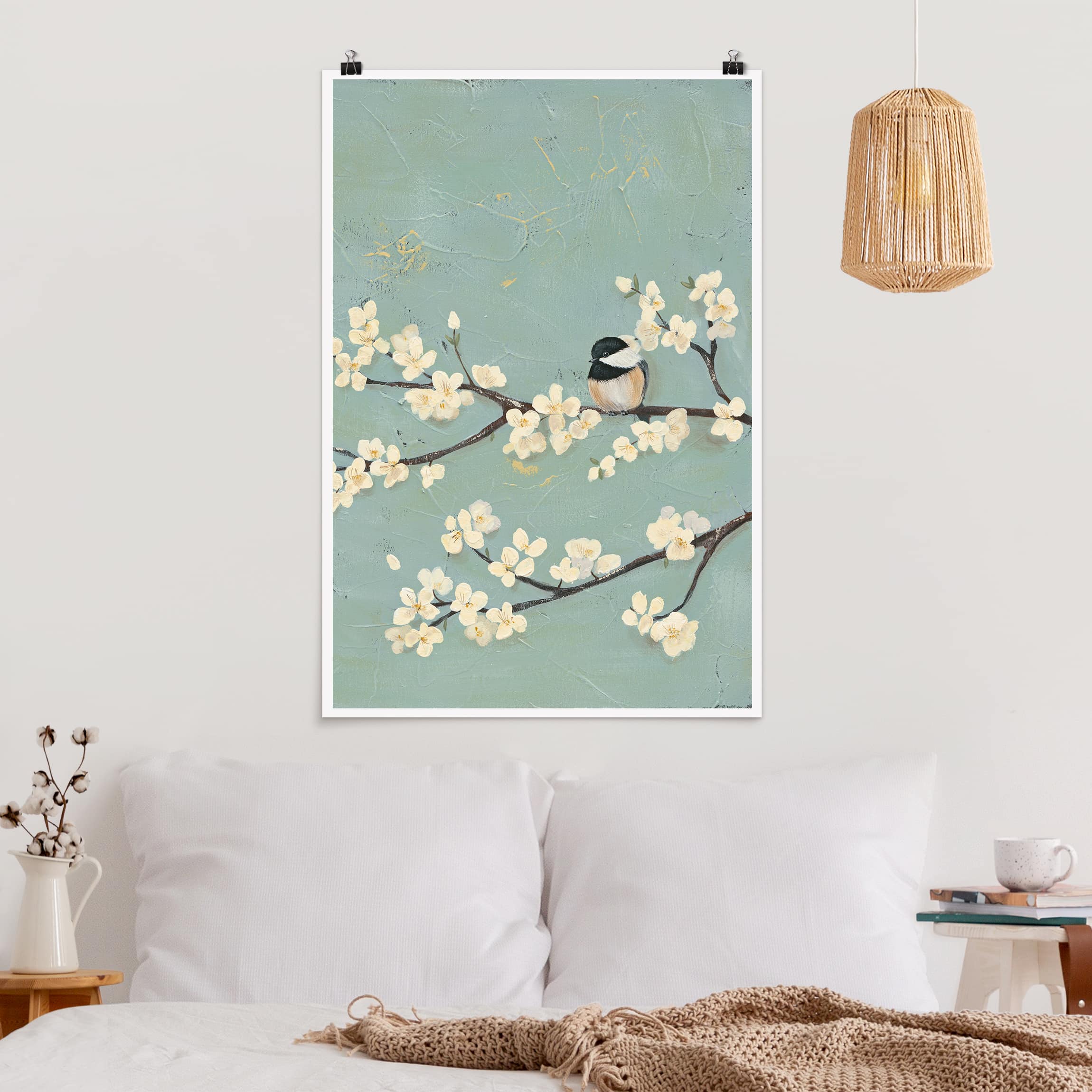 Poster - Hochformat Meise auf Kirschast