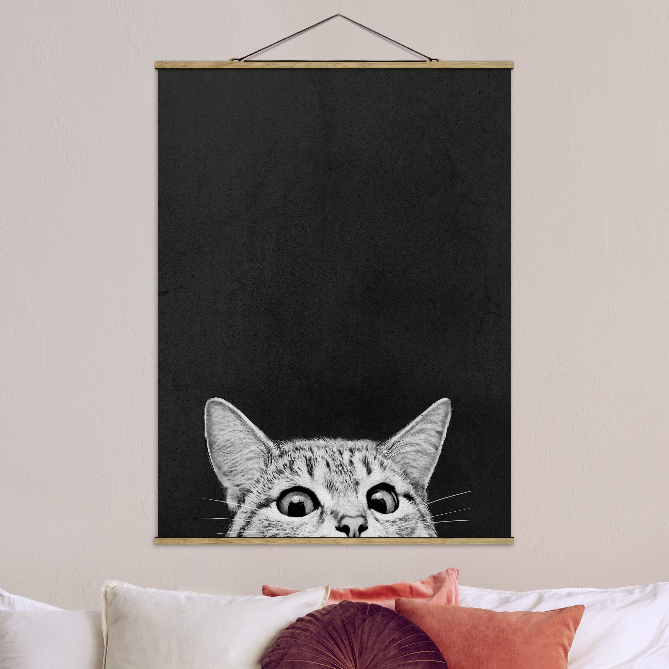 Stoffbild - Hochformat Illustration Katze Schwarz Weiß Zeichnung