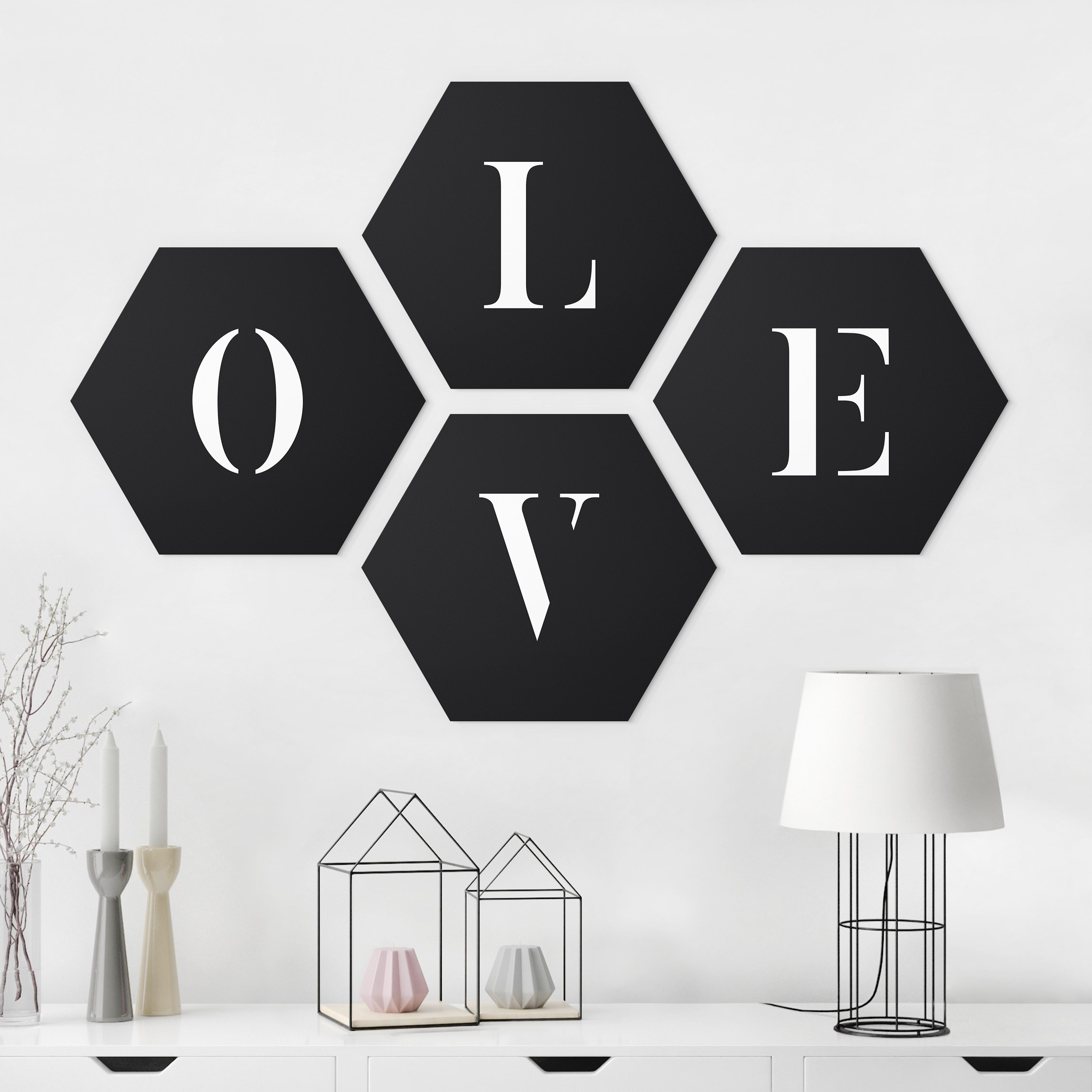 4-teiliges Hexagon-Alu-Dibond Bild Buchstaben LOVE Weiß Set II