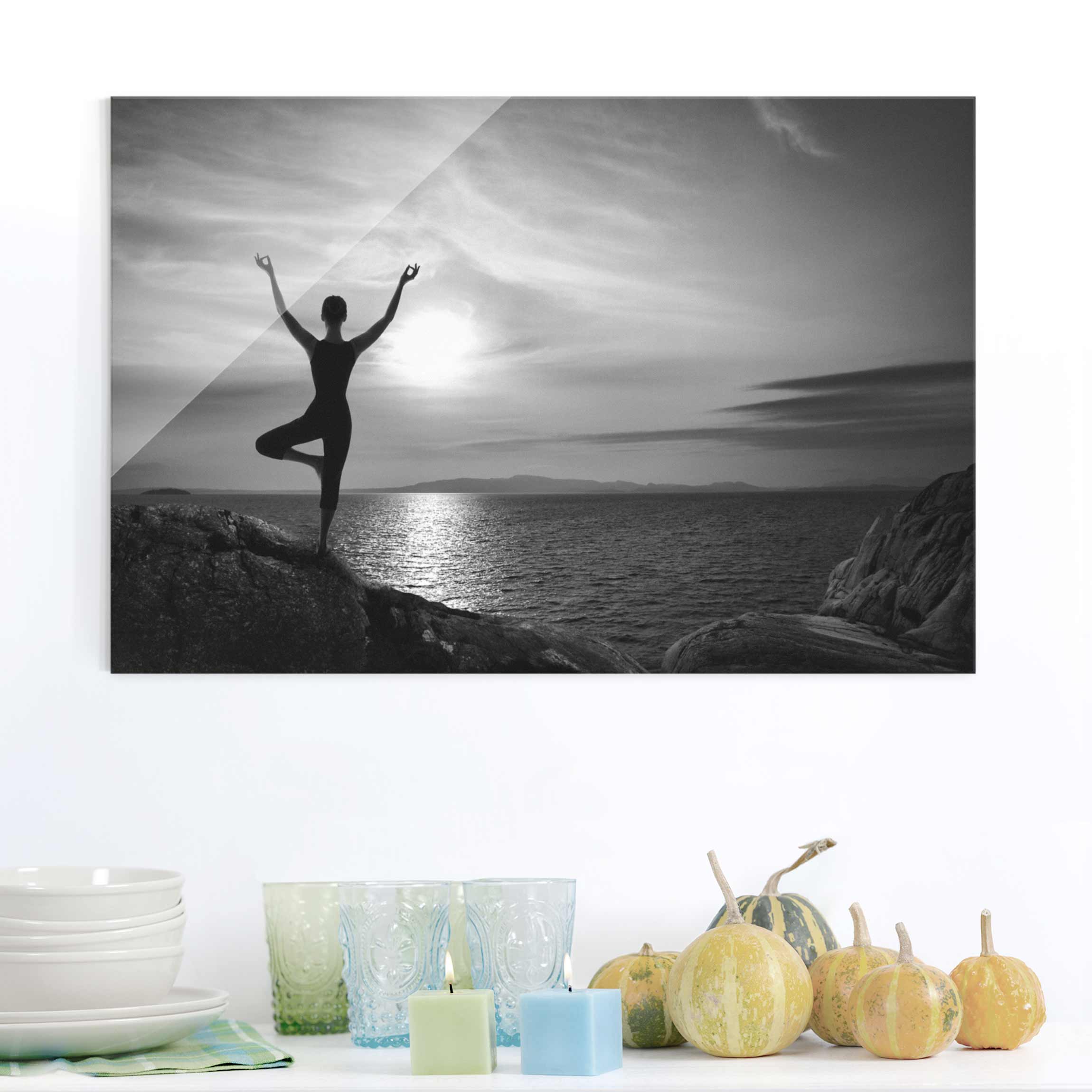 Glasbild - Querformat Yoga schwarz weiss