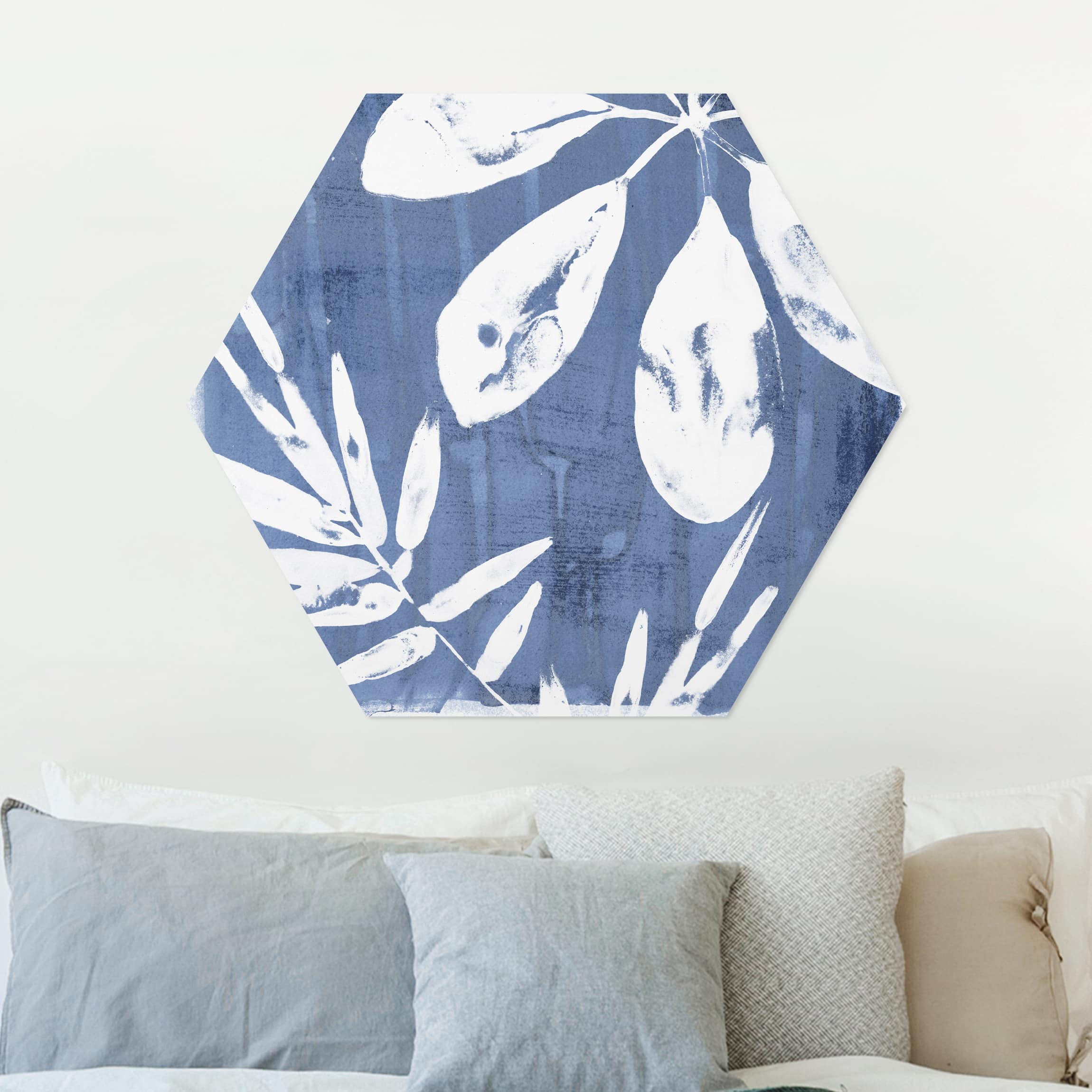 Hexagon-Alu-Dibond Bild Tropische Blätter Indigo I