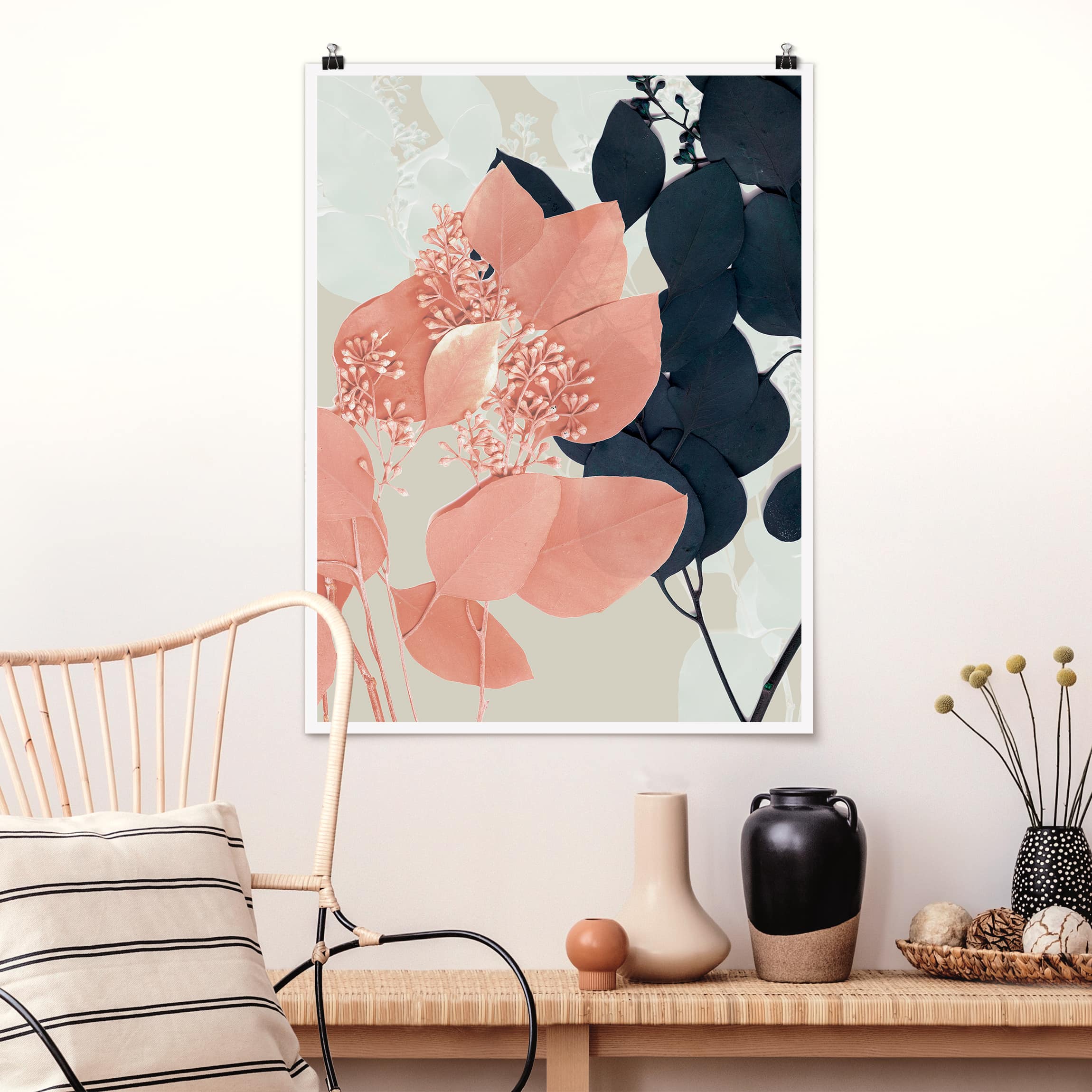 Poster Blumen Blätter Indigo & Rouge III