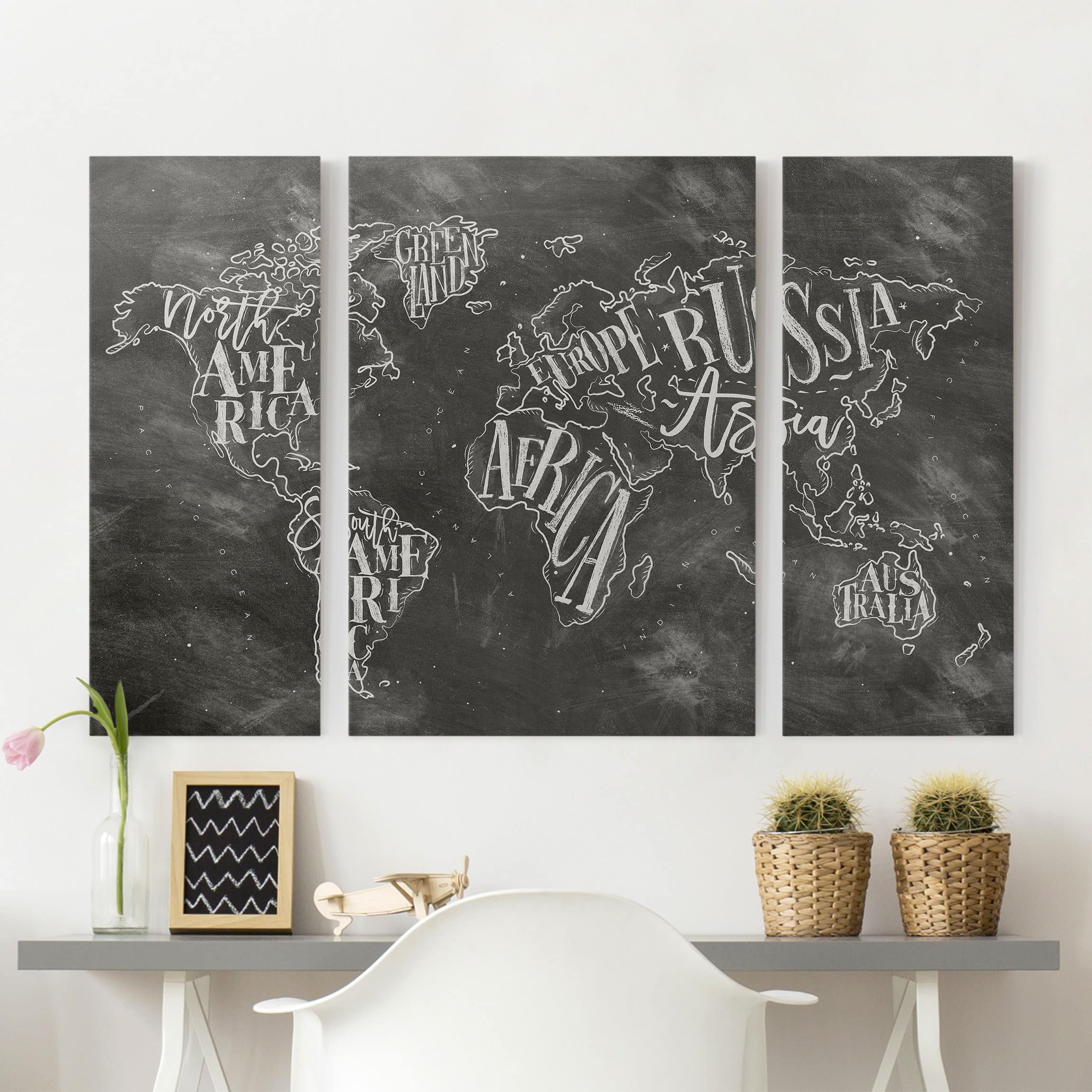 3-teiliges Leinwandbild - Querformat Kreide Weltkarte