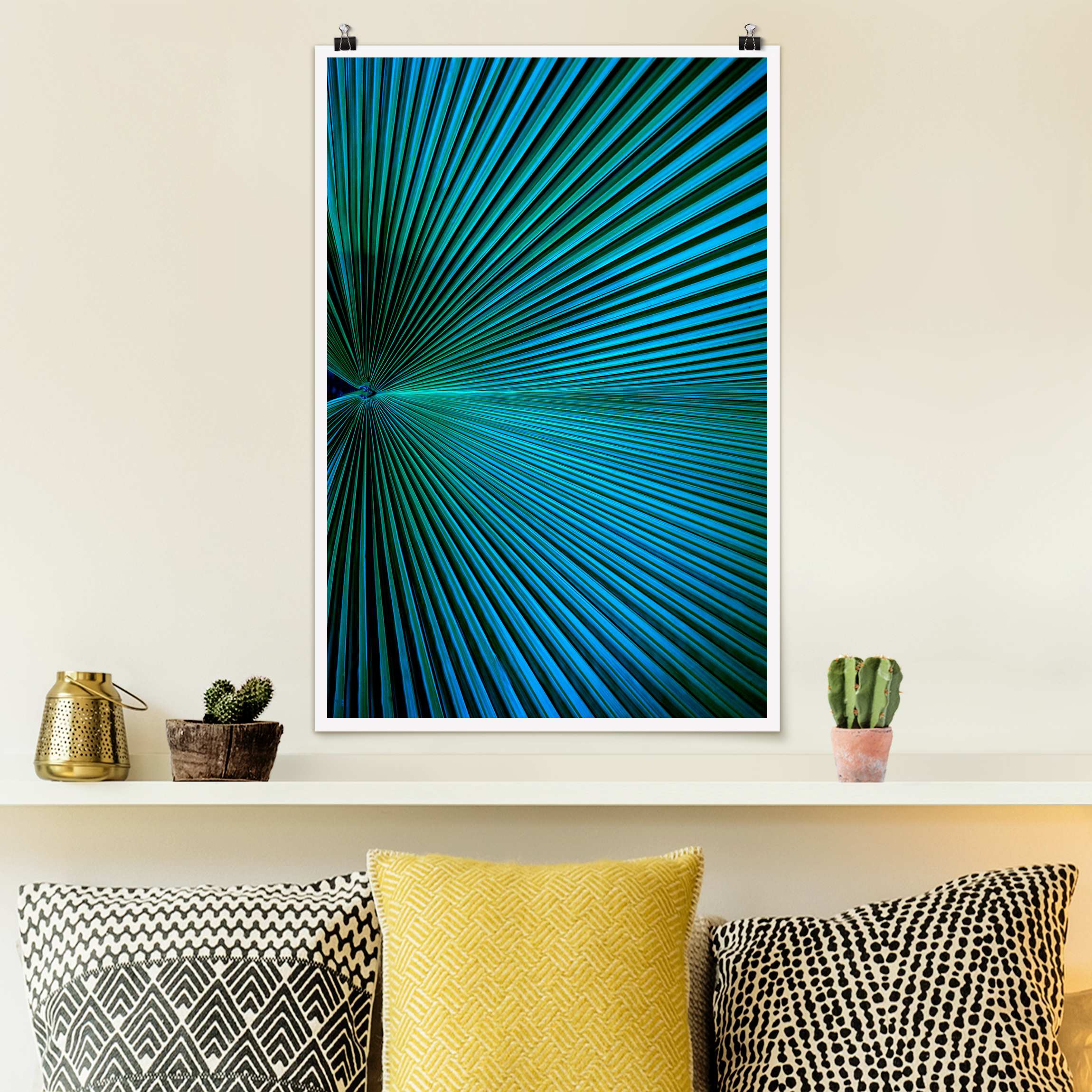 Poster Tropische Pflanzen Palmenblatt in Türkis II