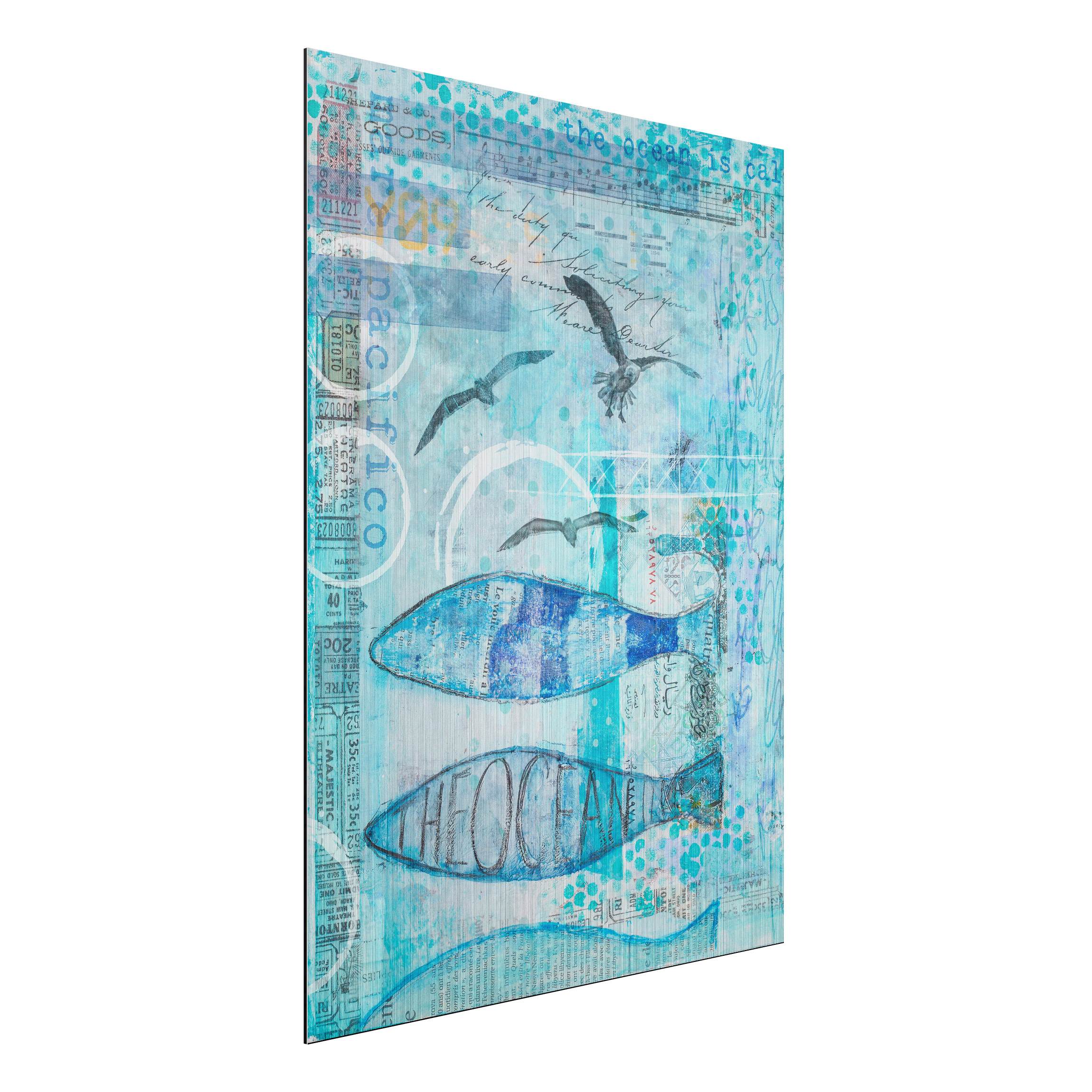Alu-Dibond Outdoor Bild Bunte Collage - Blaue Fische
