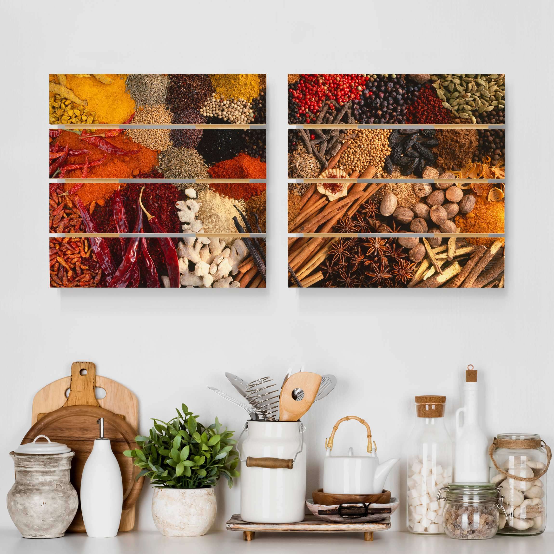 2-teiliges Holzbild Plankenoptik Exotische Gewürze