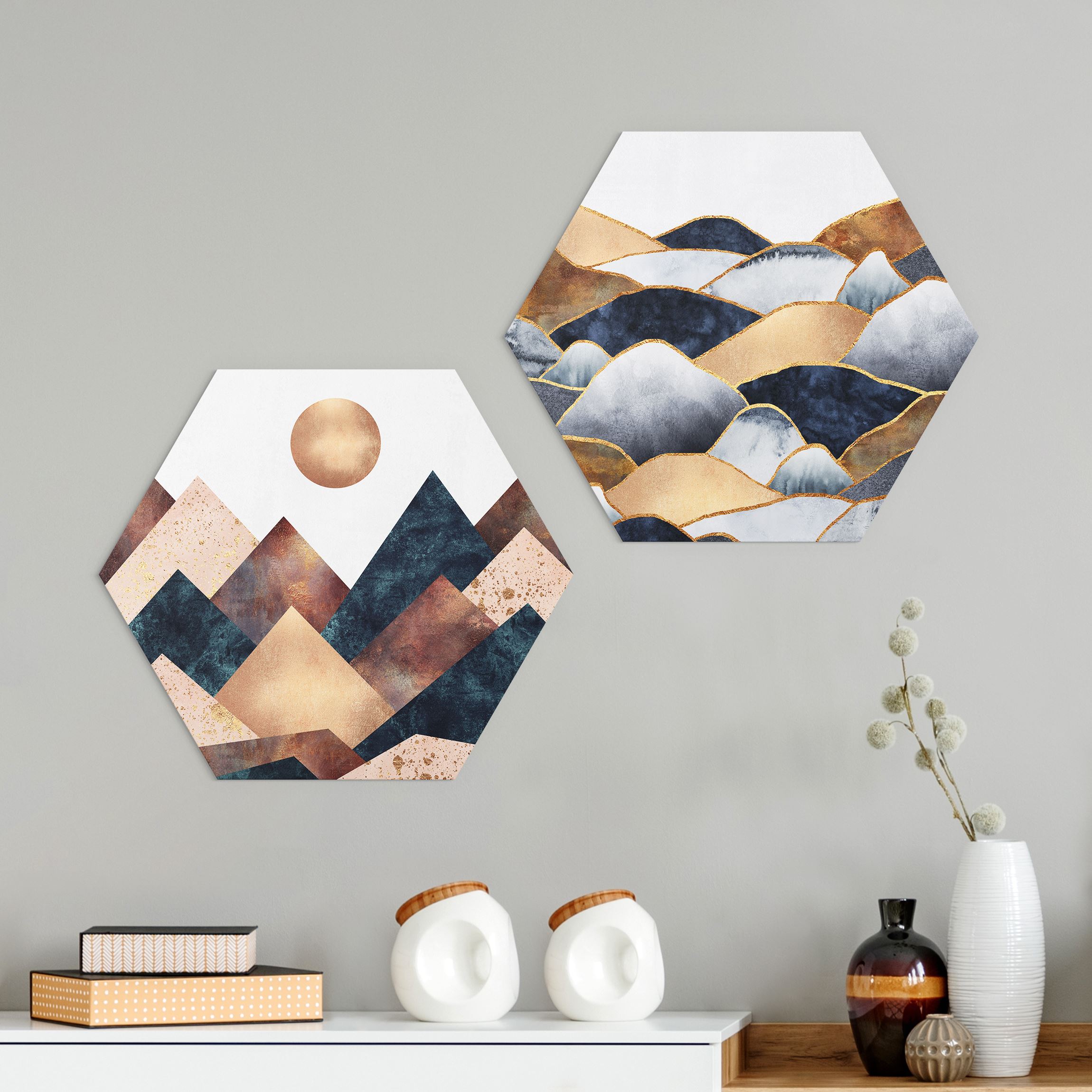 2-teiliges Hexagon-Alu-Dibond Bild Geometrische & Goldene Berge Aquarell